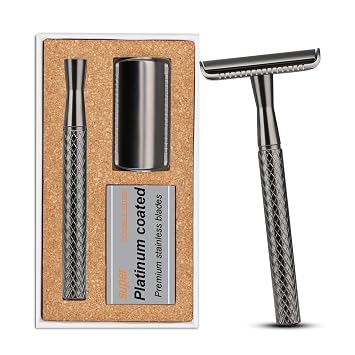 Gun Black Safety Razor, Single Blade Razors for Men, Reusable Metal Razor, with 5 Stainless Steel Double Edge Blades, Smooth Close Shave, Sustainable, Plastic Free