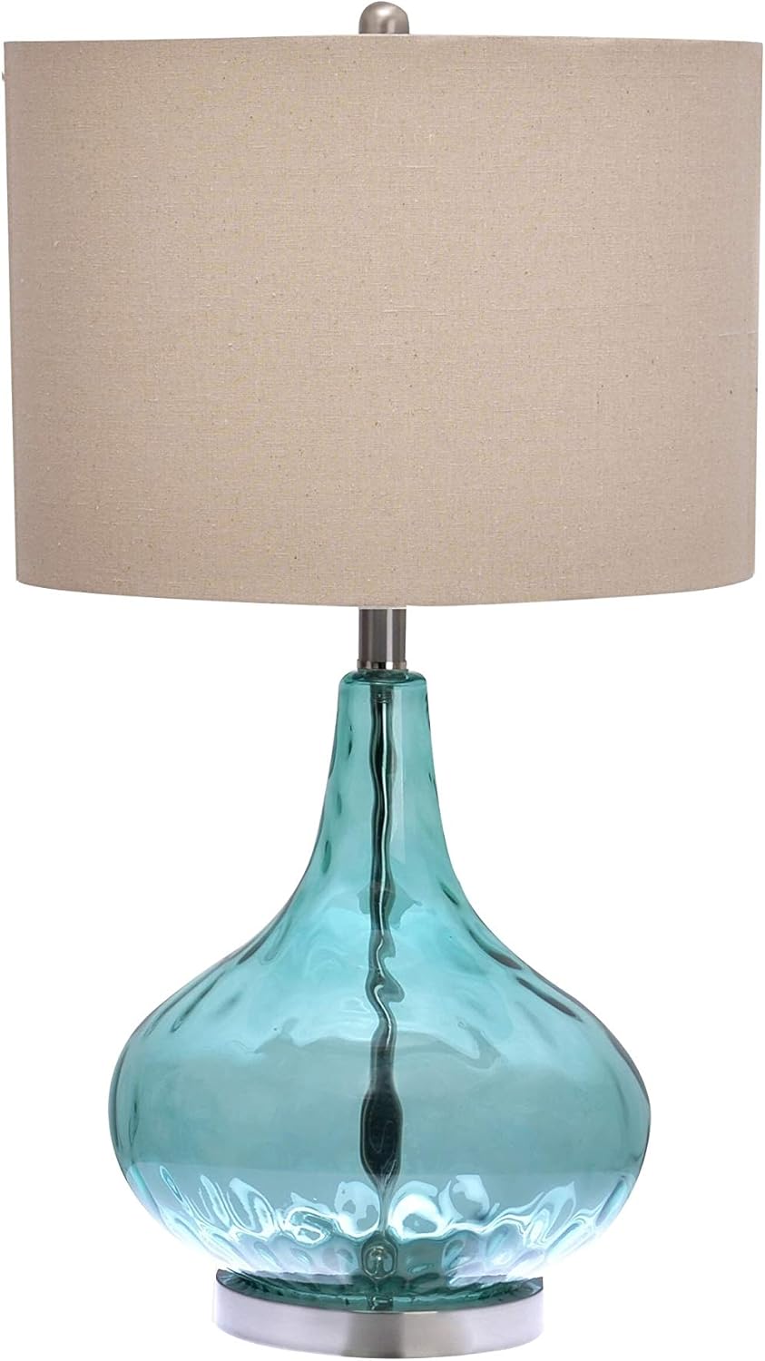 Amazon Crazy 🔥 Deals Modern Aqua Table Lamp Glass, Blue Desk Lamp with Beige Shade Accent Reading Light 3Way for Living Room Bedroom