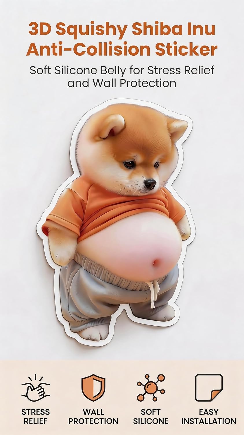 3D Shiba Inu Dog Belly Sticker,Door Stopper Wall Protector，Quiet, Shock Soft Rubber,Wall, Doorknobs, Refrigerator Door, Cabinets from Damage 2PCS (5JP-007-d(2PCS))