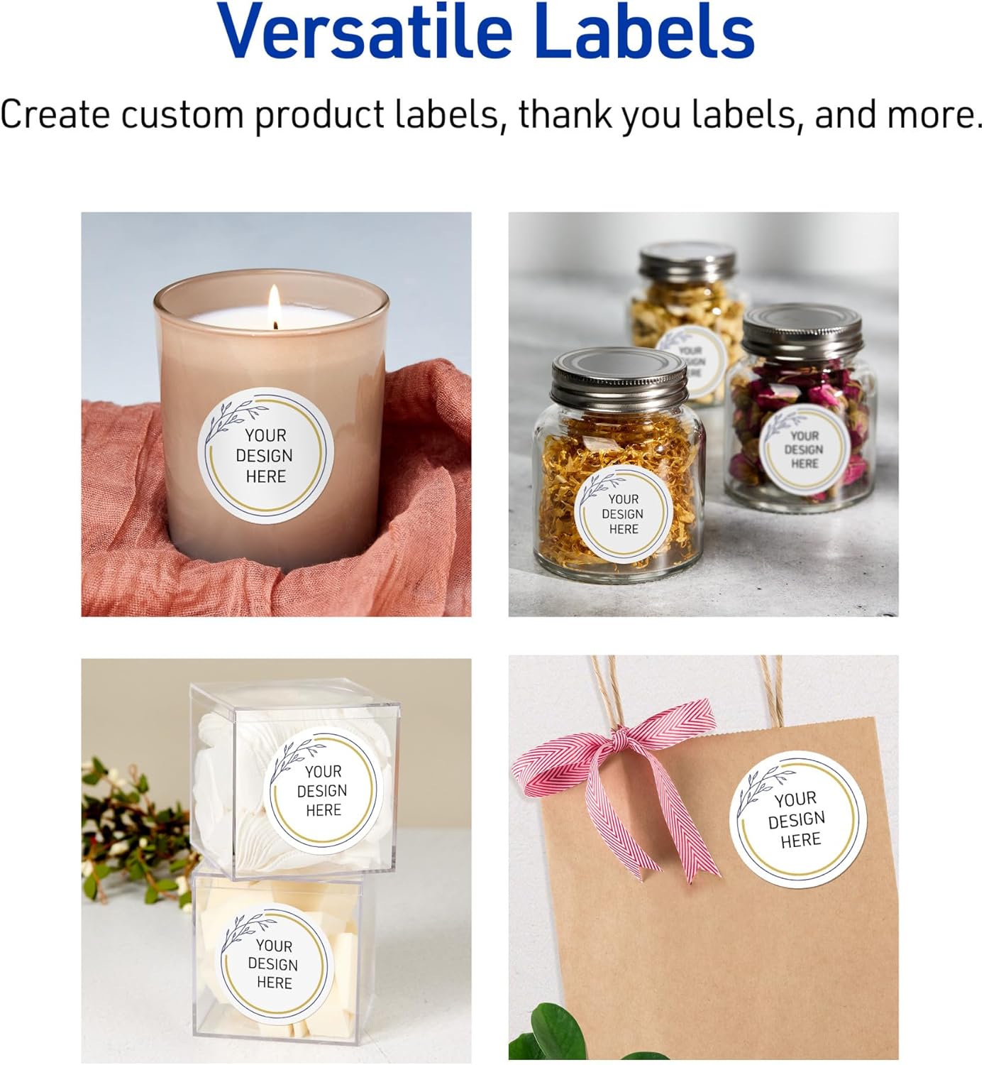 Avery Printable Round Labels with Sure Feed, 2" Diameter, Glossy White with Gold & Navy Border Florals Design, Permanent Adhesive, Laser & Inkjet Compatible, 120 Total, Great for Branding and Weddings