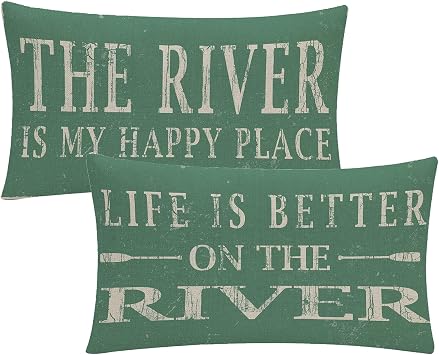 Life is Better on The River Decorative Lumbar Pillow Cover The River is My Happy Place Green River Theme Decor Pillowcase 12x20 Inch,Set of 2 for Couch Sofa