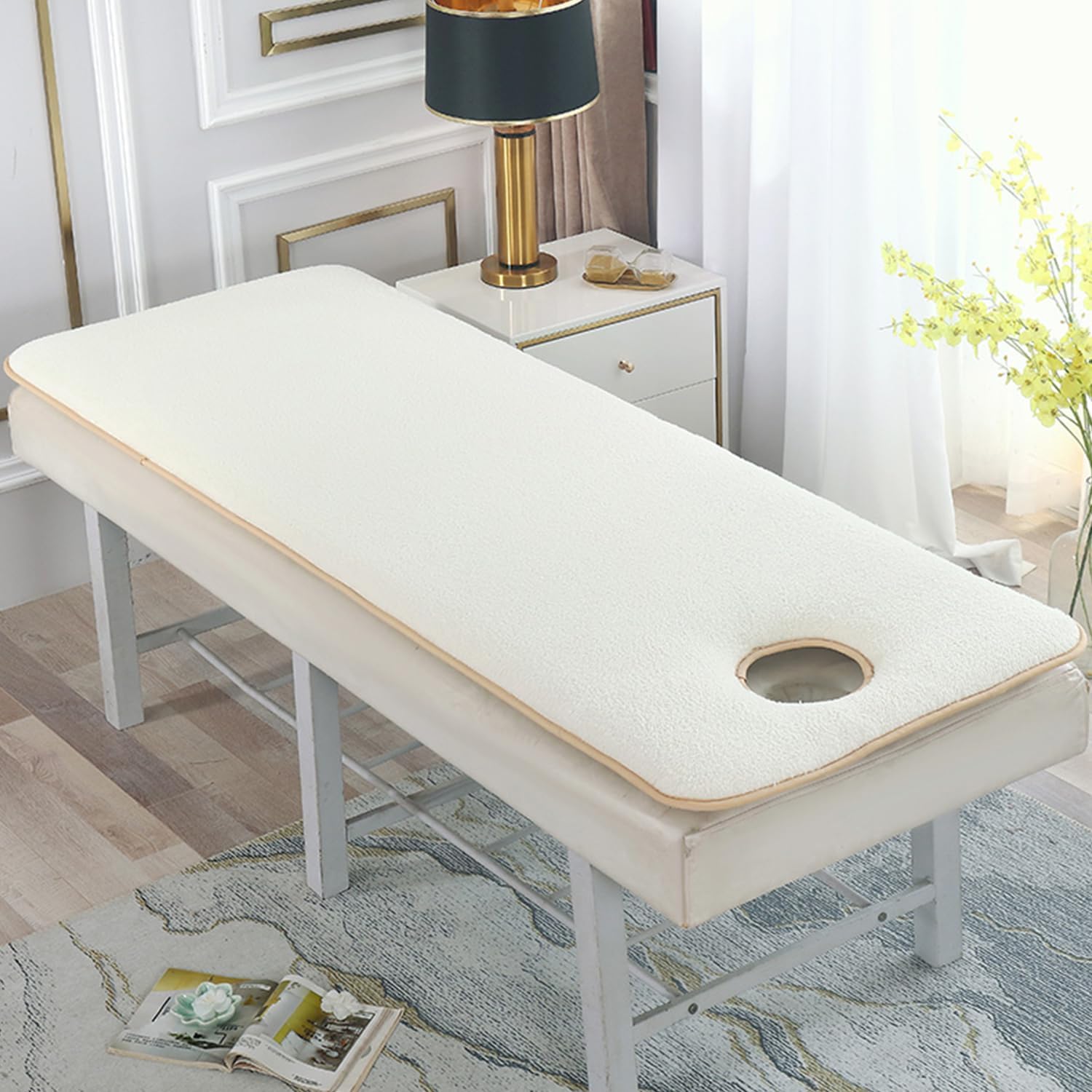 Beige,180 * 70cm(R),Massage Table Pad Lamb Wool Comfortable Massage Bed Pad with Elastic Band Non-Slip Thicken Massage Table Mattress Topper with Hole Lash Bed Pad for SPA Beauty Salon