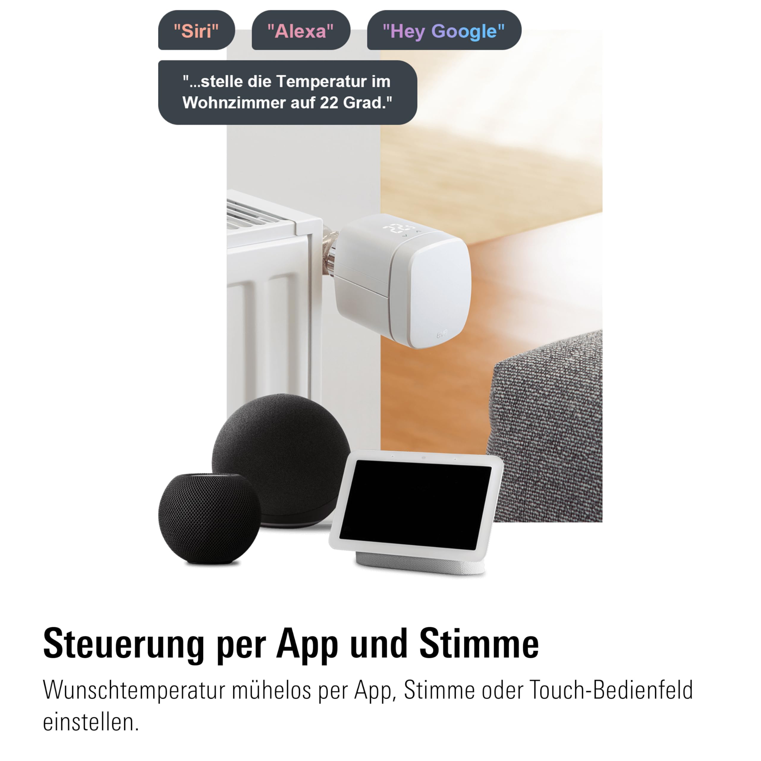 Eve Thermo (Matter) 4er Pack: Smartes Heizkörperthermostat, LED-Display mit Touch-Bedienfeld, Heizkosten sparen, Apple Home, Amazon Alexa, Samsung SmartThings, Google Home, Ben. Thread Border Router | Heizkosten sparen, LED-Display, App & Sprache, für Ale