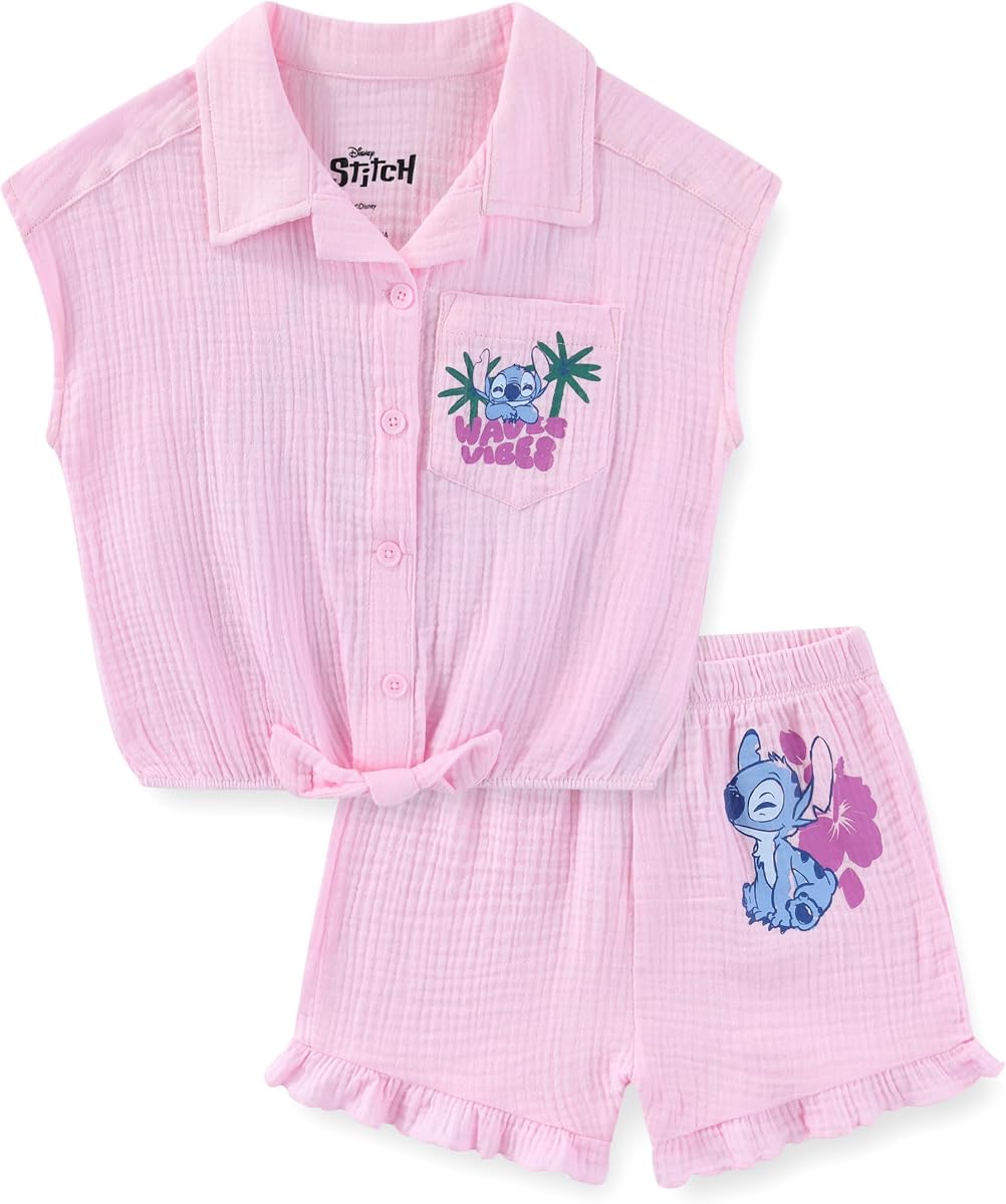 Disney Lilo & Stitch Girls Gauze Button Down Shirt and Shorts Set for Big Kids