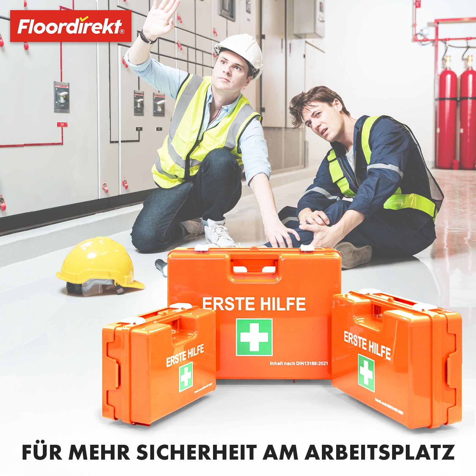 Floordirekt Erste Hilfe Koffer für Betriebe DIN 13157:2021 gefüllt inkl. Wandhalterung | 1 Hilfe Verbandkasten Set für Zuhause, Büros und Gastro, Notfallbox bis 50 Mitarbeiter (28 x 20 x 11,5 cm)