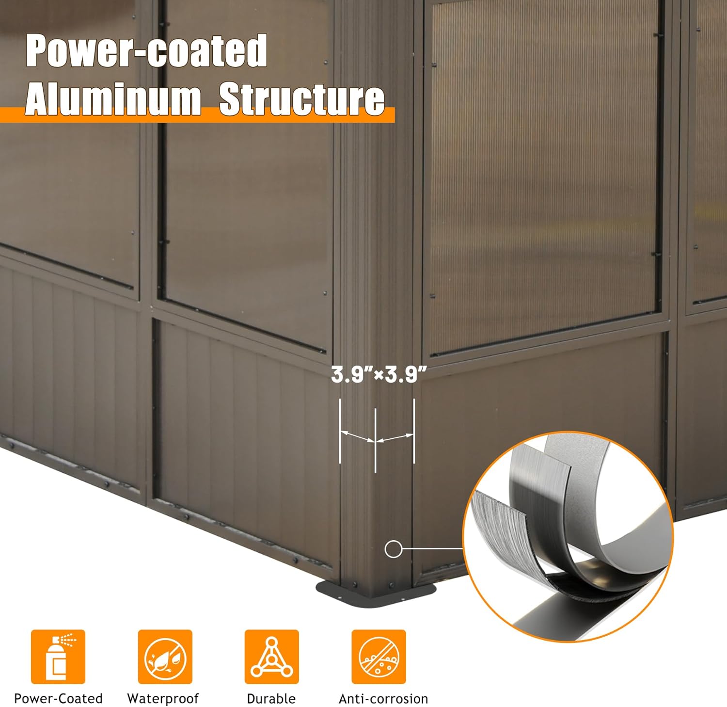 Close-up of the power-coated aluminum structure of the sunroom.