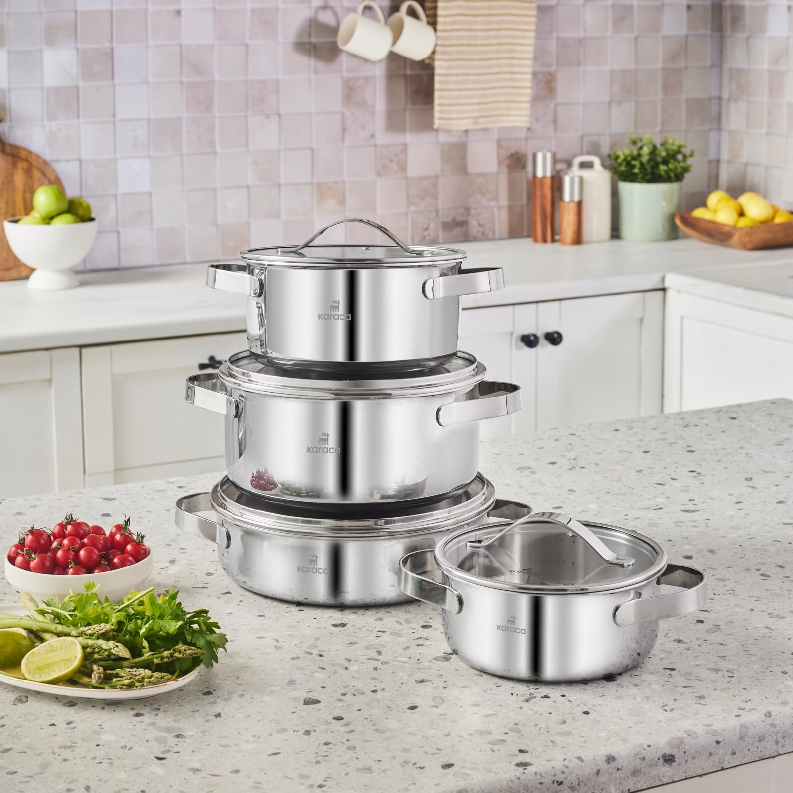 Karaca Culinara - Set di 8 pentole a induzione in acciaio INOX, 3 strati, colore: argento
