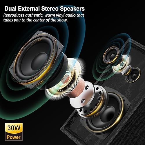 Miniatura 3 de Reproductor de discos de vinilo con altavoces externos, transmisión inalámbrica Bluetooth, tocadiscos de 3 velocidades con sistema estéreo de 30 W,