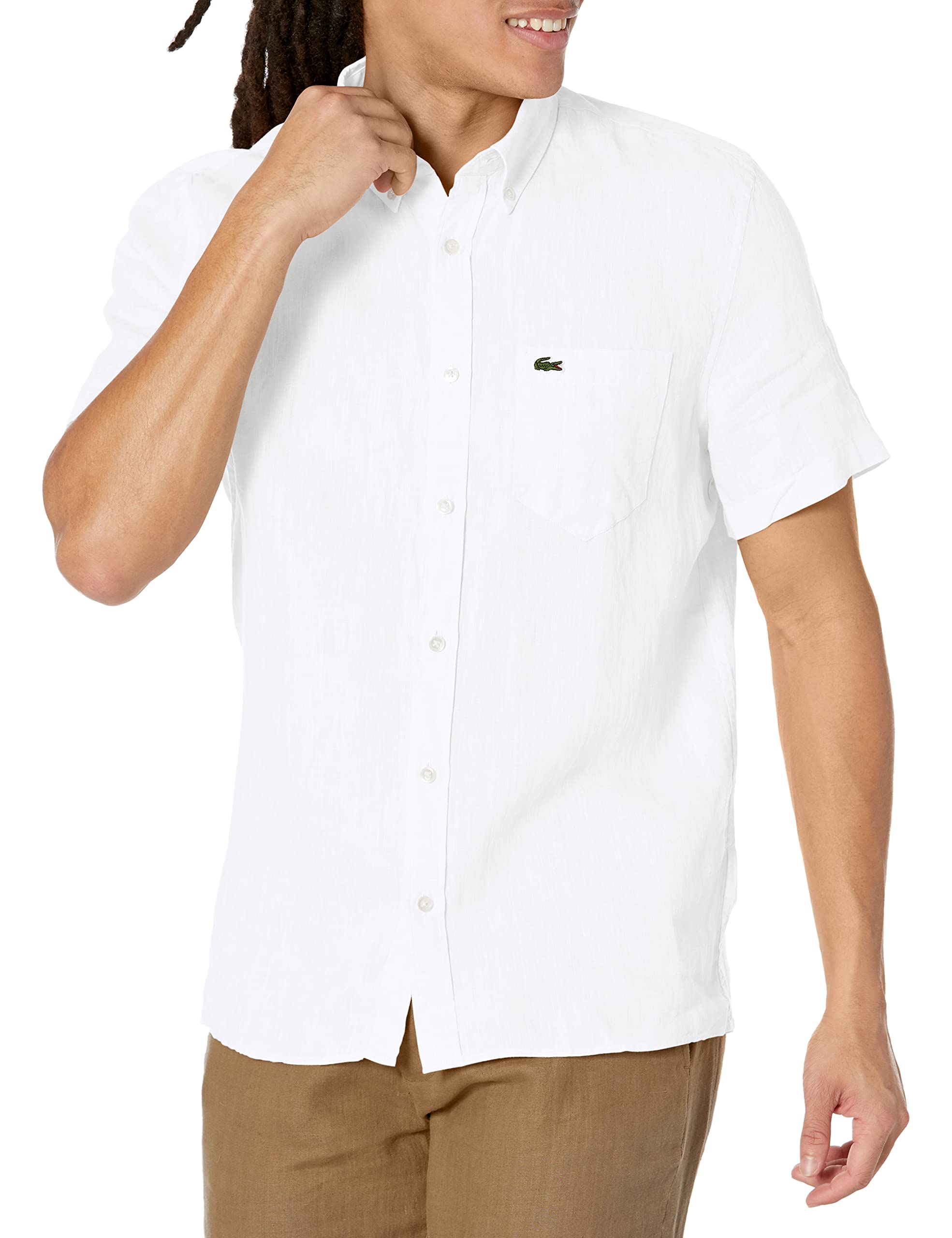 Lacoste Contemporary Collections - Camisa de lino de manga corta con botones y bolsillo frontal para hombre