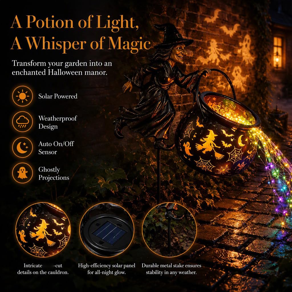 Hexenlampe Halloween Hexenkessel Gartenlicht Lichterkette Halloween Leuchtender mit Projektorleuchten und Pfahl, Antasievolles Design Gartendeko für Hof Rasen Veranda Party Deko，3PC