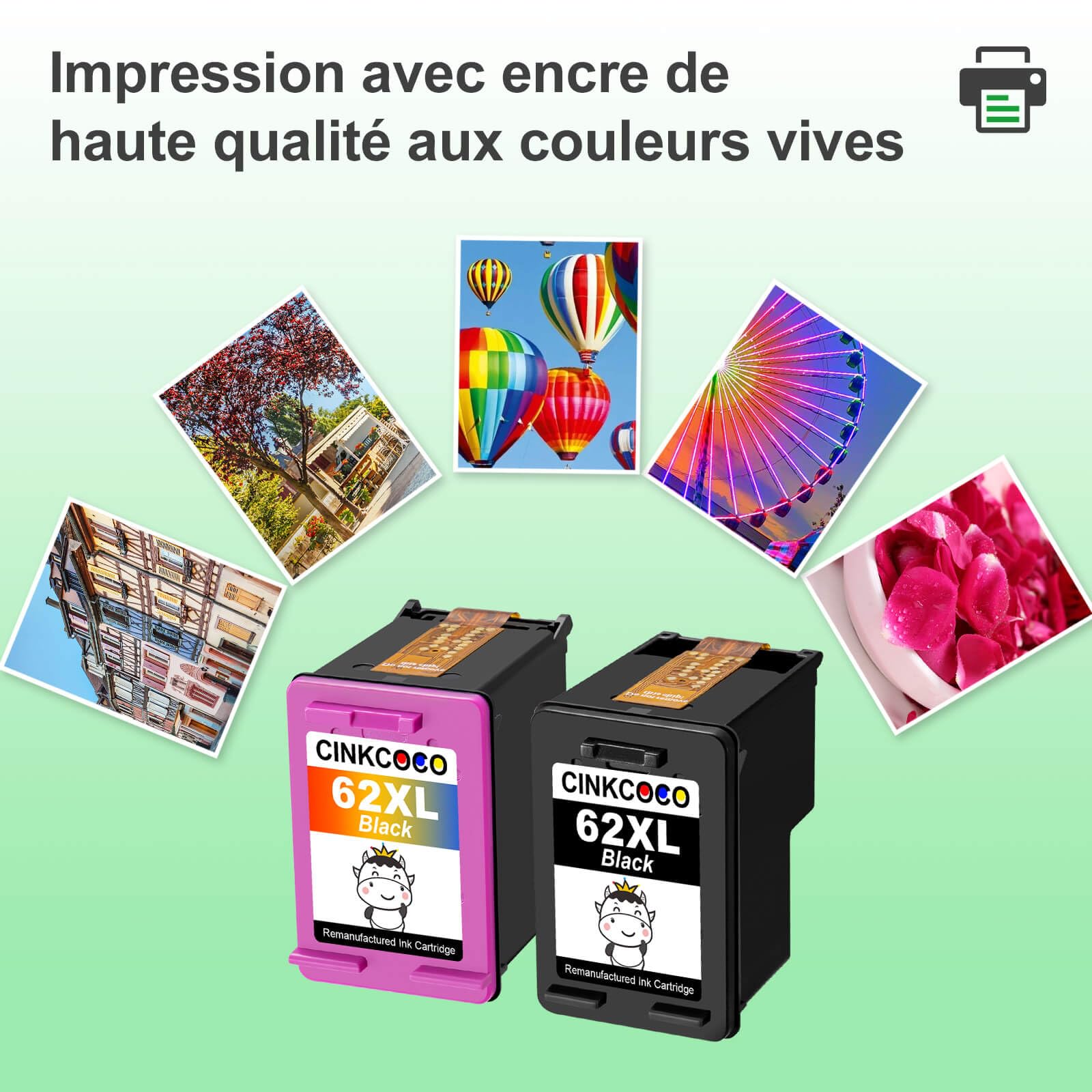 62XL Cartouche Remanufacturée pour HP 62 Noir et Couleur 62XL Compatible avec Envy 5540 5640 5644 7640, Officejet 200 250 5740 (1 Noir 1 Couleur)