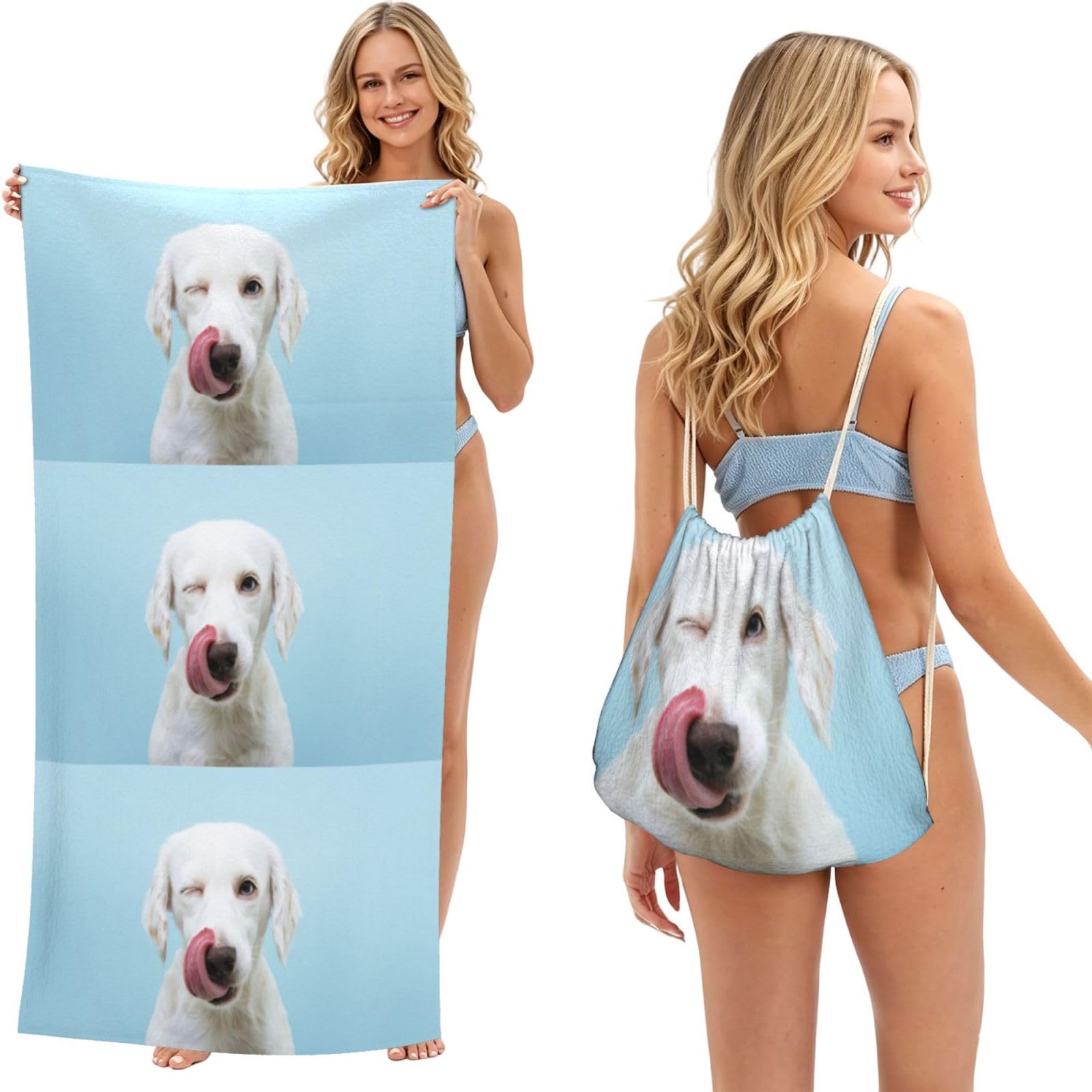 Poadnly As Picture Funny Labrador, 2 In 1 Packable Towel Bag, Beach Towels With Drawstring Backpack For Travel Holiday Camping