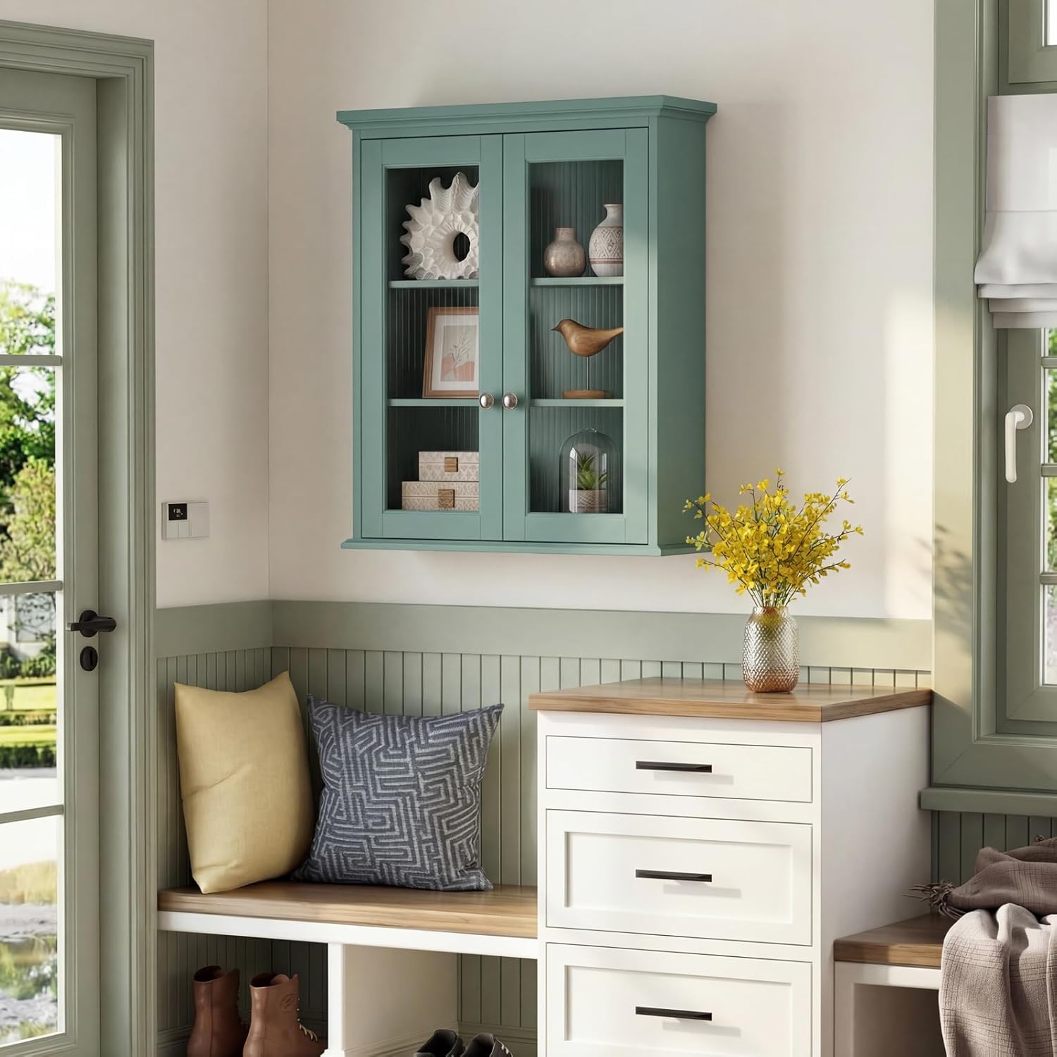 Wall Mounted Bathroom Cabinet with Fluted Glass Doors, Medicine Cabinet with Soft-Close Hinges, Space Saving Wall Organizer for Bathroom Above Toilet Storage (Halcyon Green)