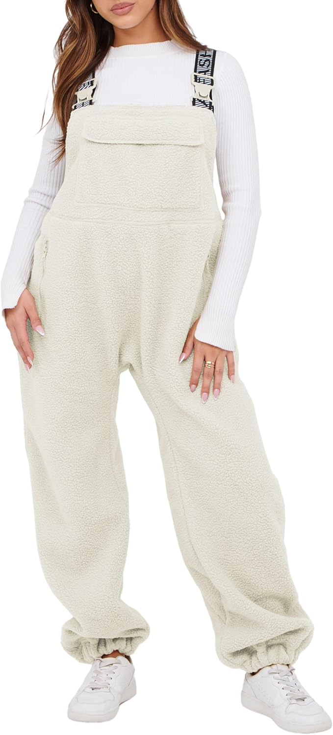 SeekMe Womens Fleece Overalls 2026 Warm Winter Casual Loose Jumpsuits Sherpa Bib Overalls Fuzzy Ski Pants with Pockets