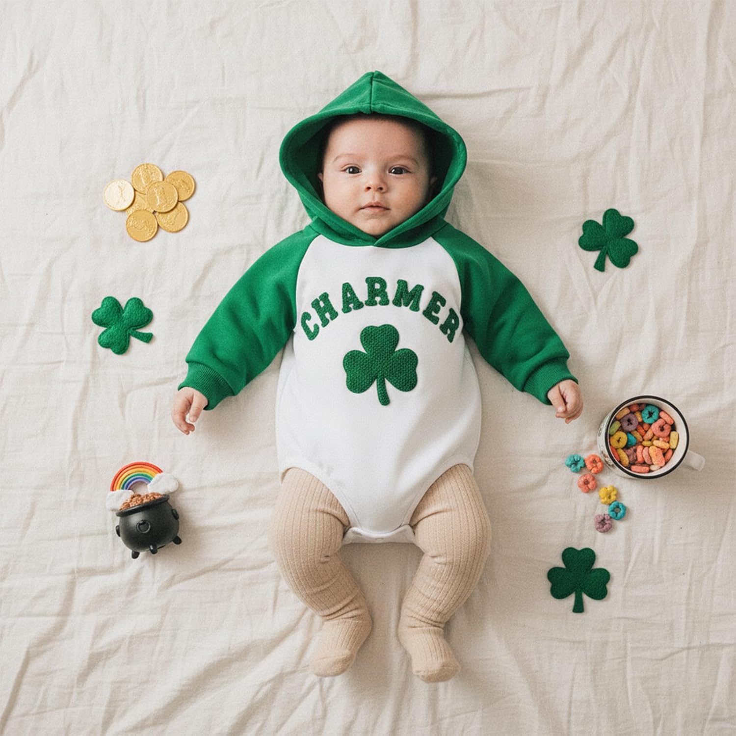 Thorn Tree St Patricks Day Baby Boy Outfit Spring Clothes Long Sleeve Romper Embroidery Shamrock Hoodie Newborn Onesie - Image 2