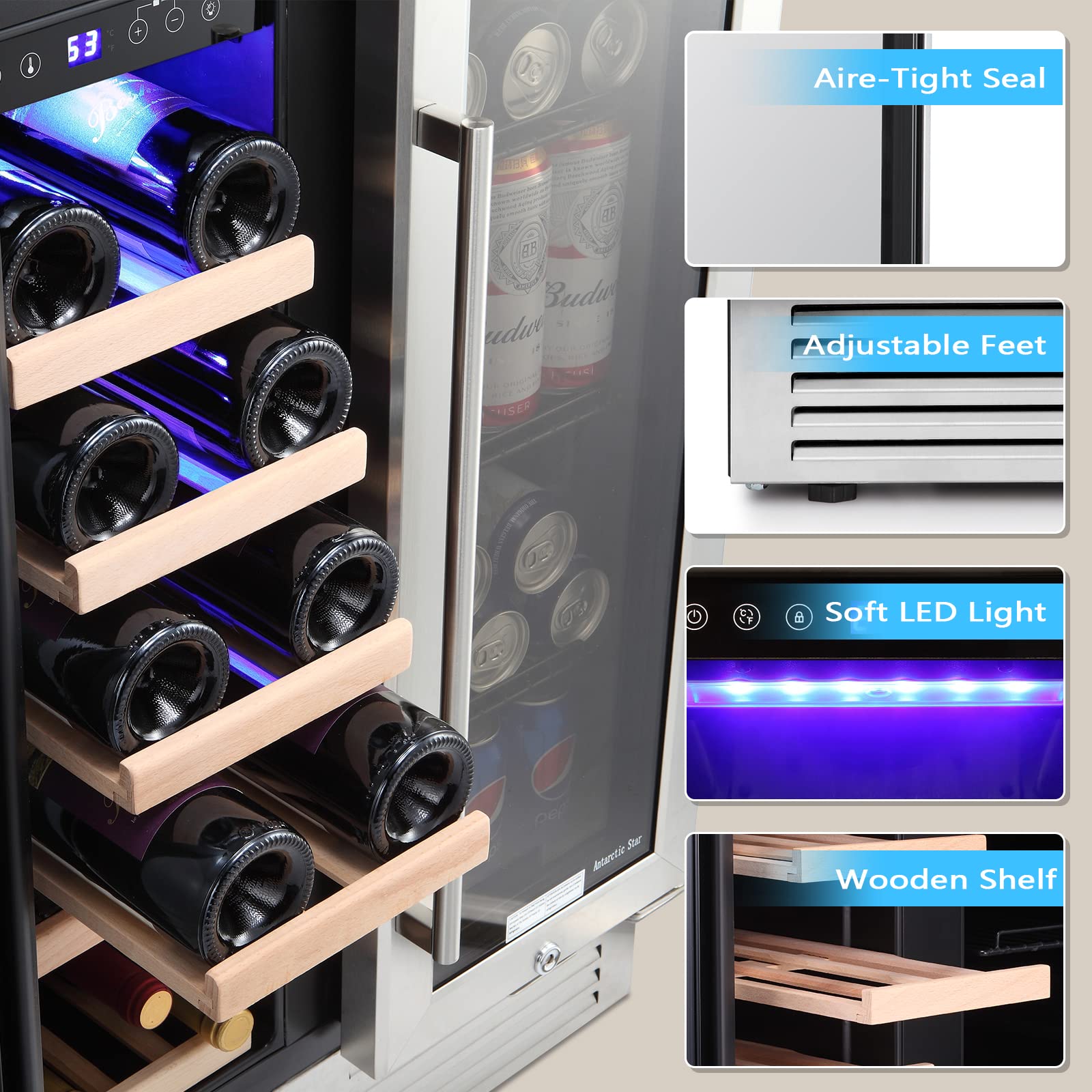 Antarctic Star Wine and Beverage Refrigerator, 24 Inch Dual Zone Wine Cooler with Glass Door, Built in or Under Counter Wine Fridge with Blue LED Light,18 Bottles and 66 Cans Capacity Beverage Cooler