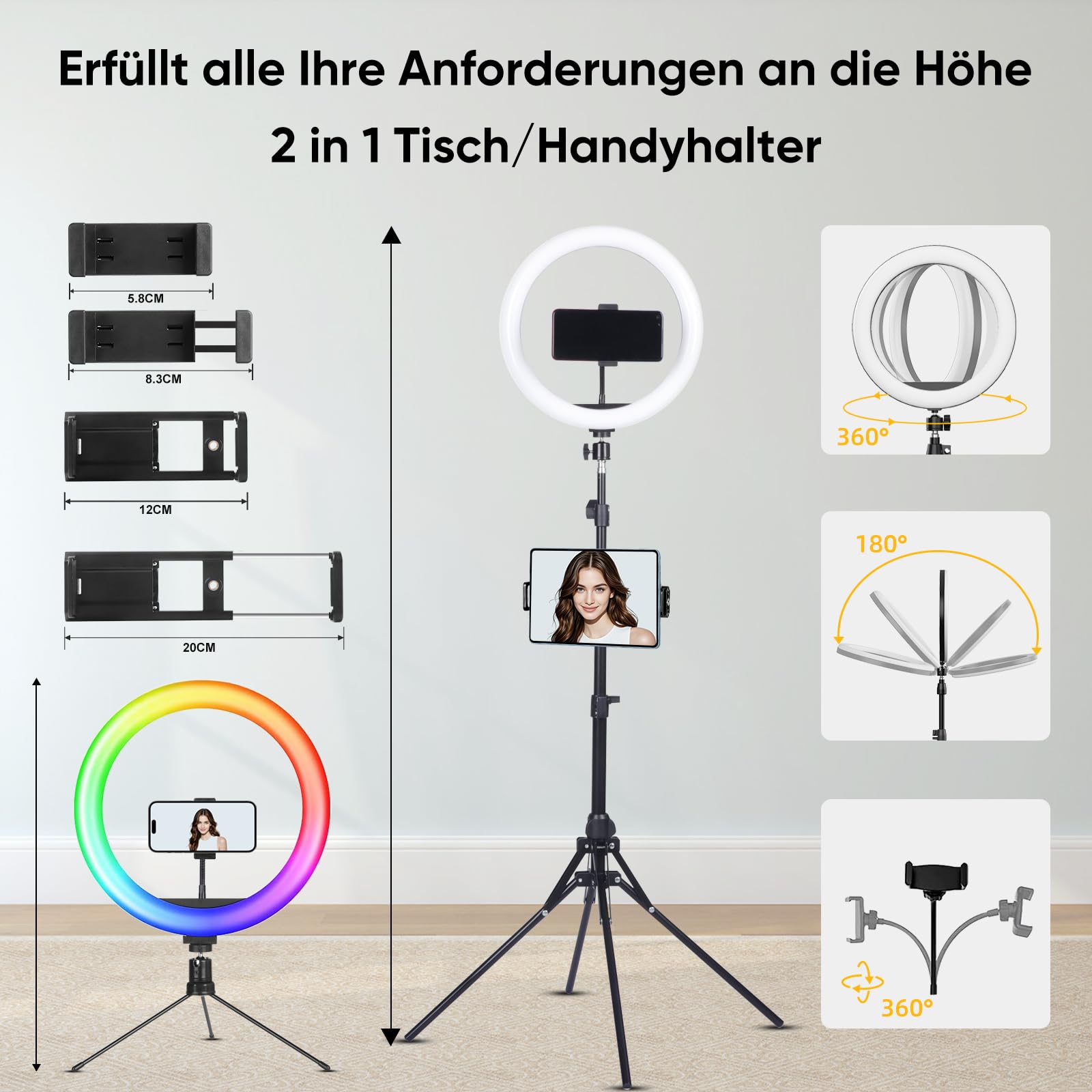 KOSCHEAL 12 Zoll Ringlicht mit Stativ,Tisch LED Ring Light Kamera Handystativhalter mit ringlicht, 2800-6500K,40 RGB-Modi für Selfie,Tik Tok Vlog,YouTube, Makeup, Facebook Video