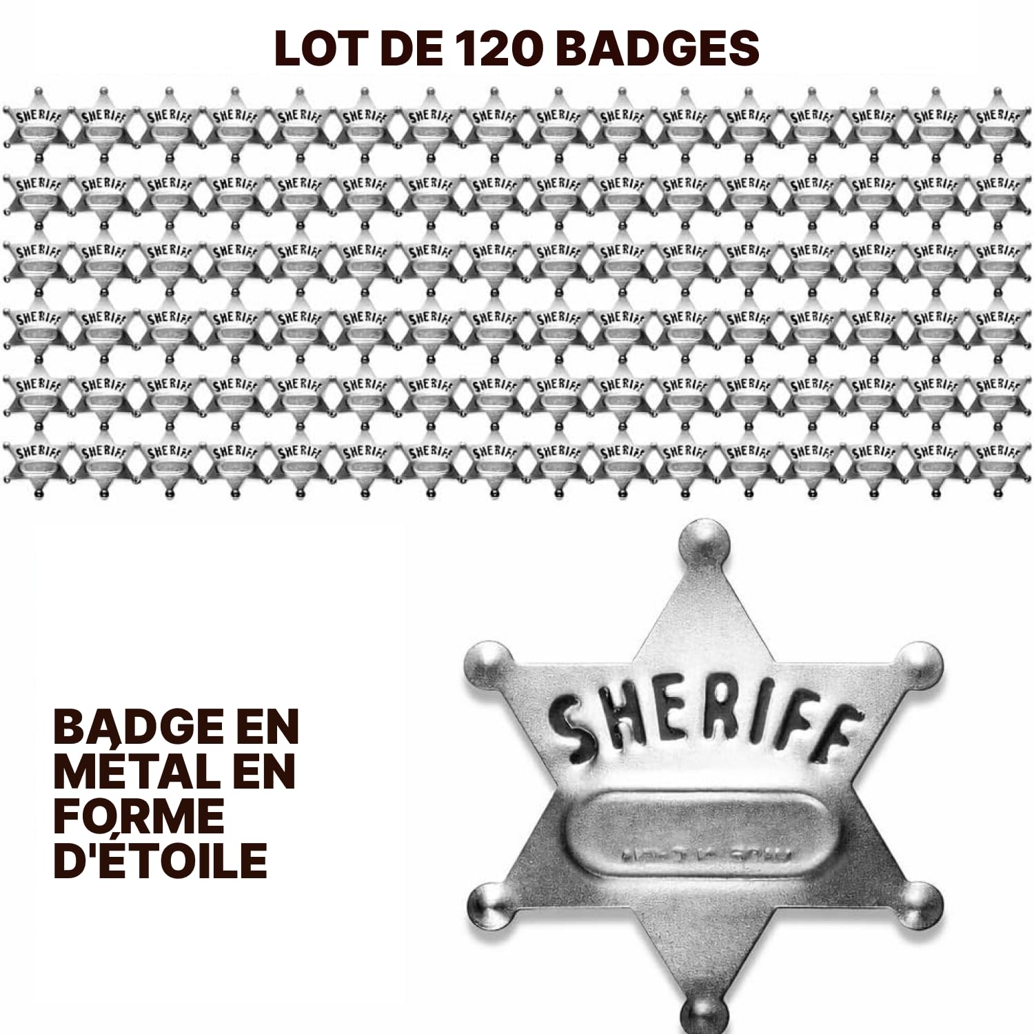 Badges de shérif en métal – Lot de 24, Silver Star Badges nominatifs Western Cowboy pour enfants