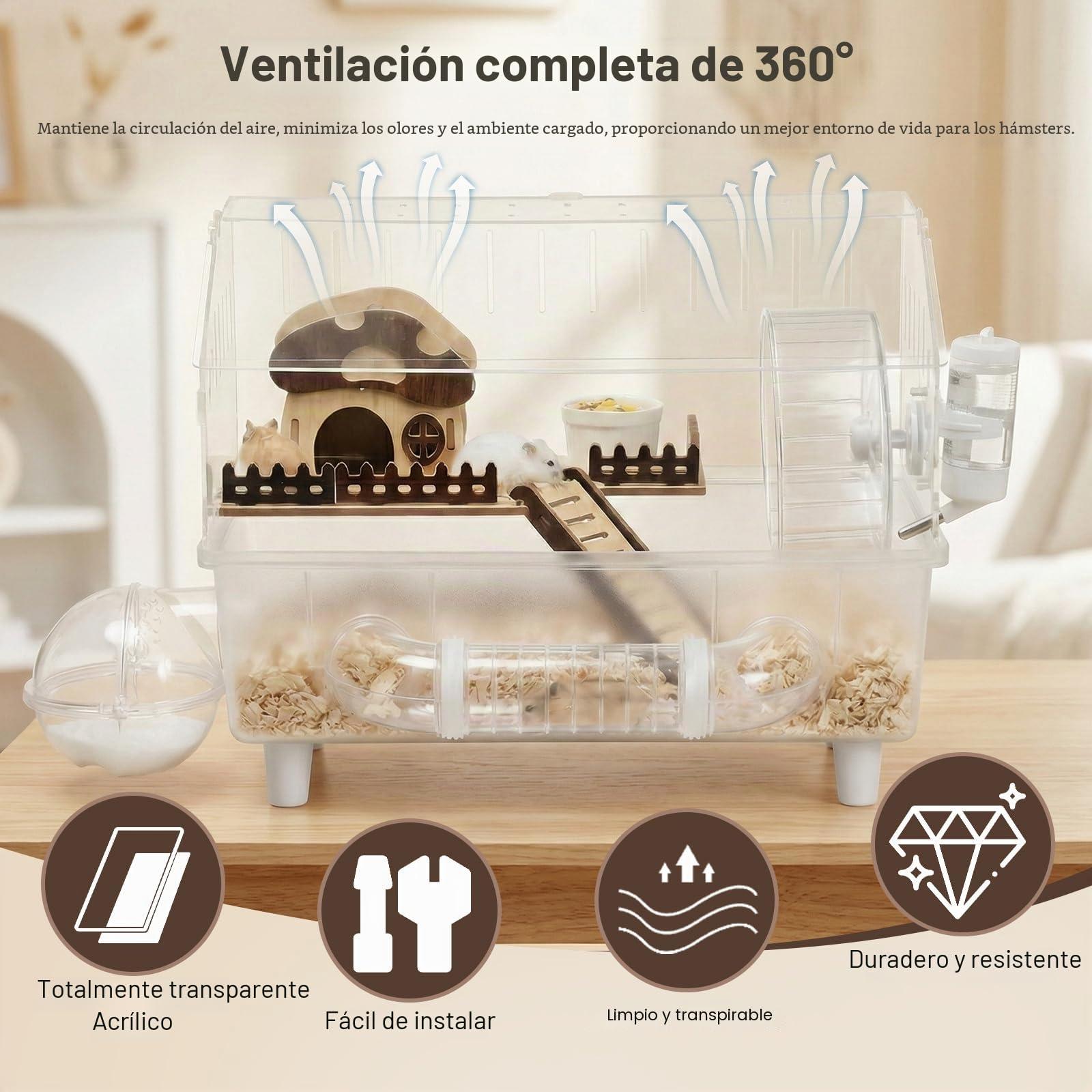 Gran jaula de acrílico para hámster con tapa abatible, 45 x 28 x 34 cm, completamente transparente, con decoraciones de casa de setas, apta para 5 a 8 hámsters