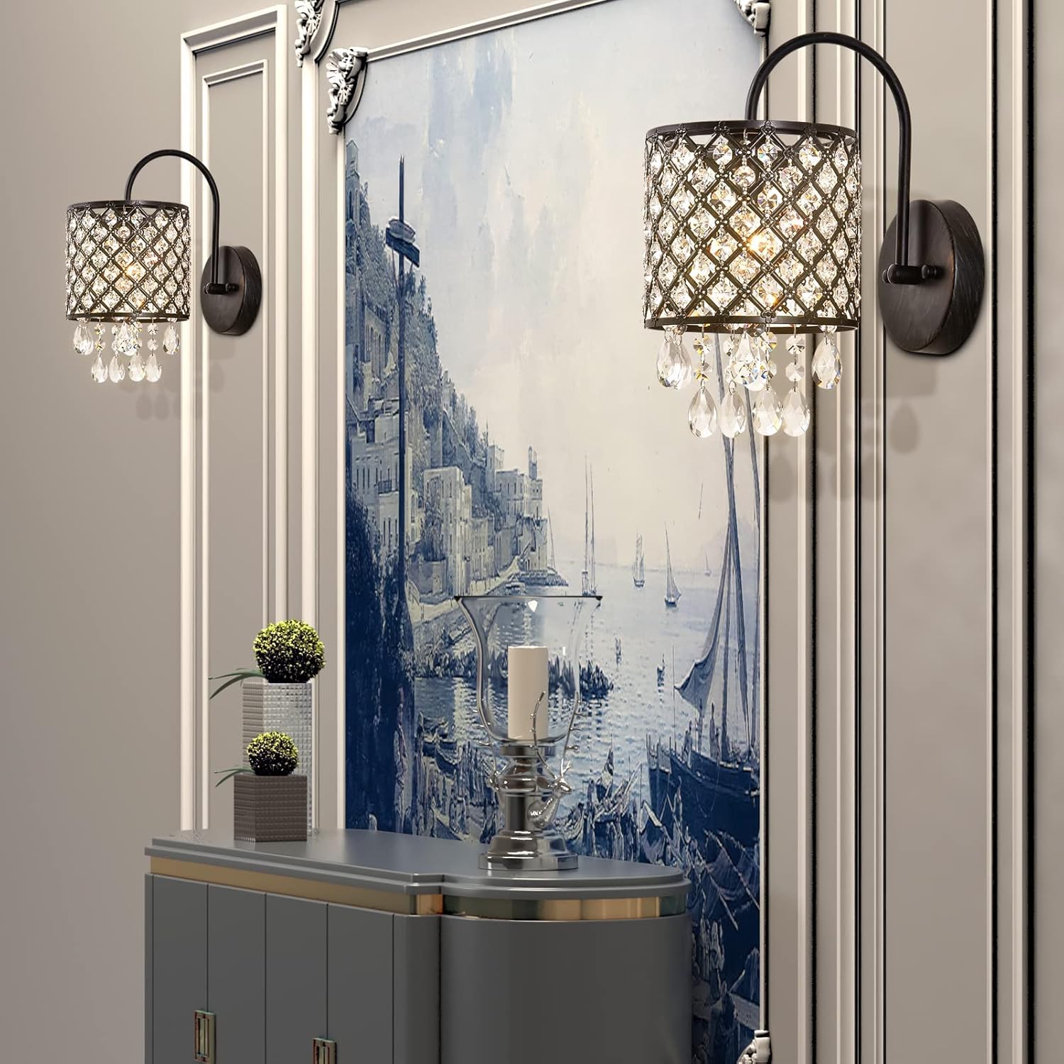 Maxax Crystal Wall Sconce, Modern Indoor Wall Lamp, Vanity Lighting Fixture with Lattice Drum Shade, ETL Listed, for Living Room, Bedroom, Hallway, Bathroom, Antique Black Finish, Set of 2