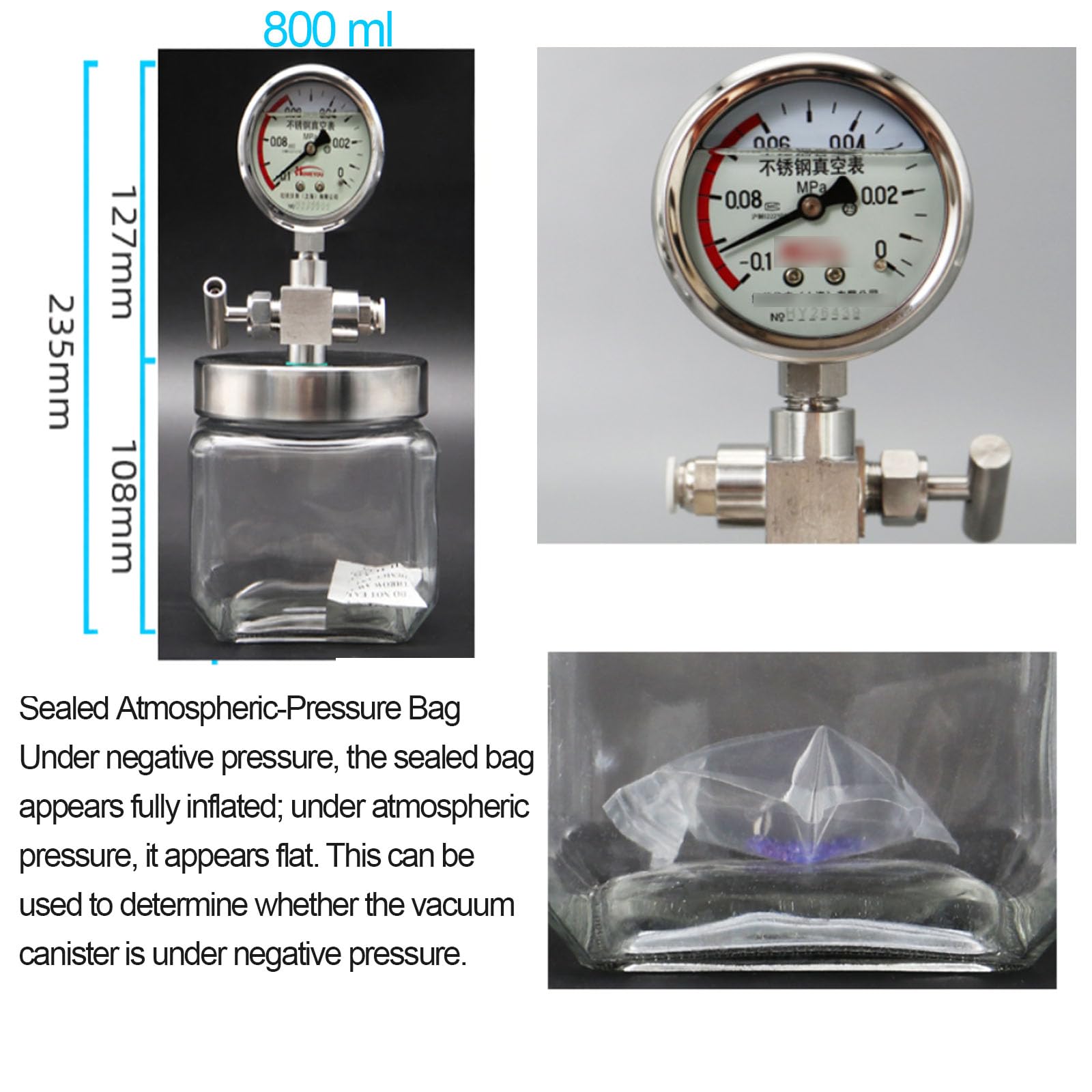 Cámara De Vacío De Vidrio para Laboratorio, Cámara De Desgasificación Al Vacío con Manómetro De Presión Negativa, Mini Secador Portátil, Tanques De Almacenamiento 500ml