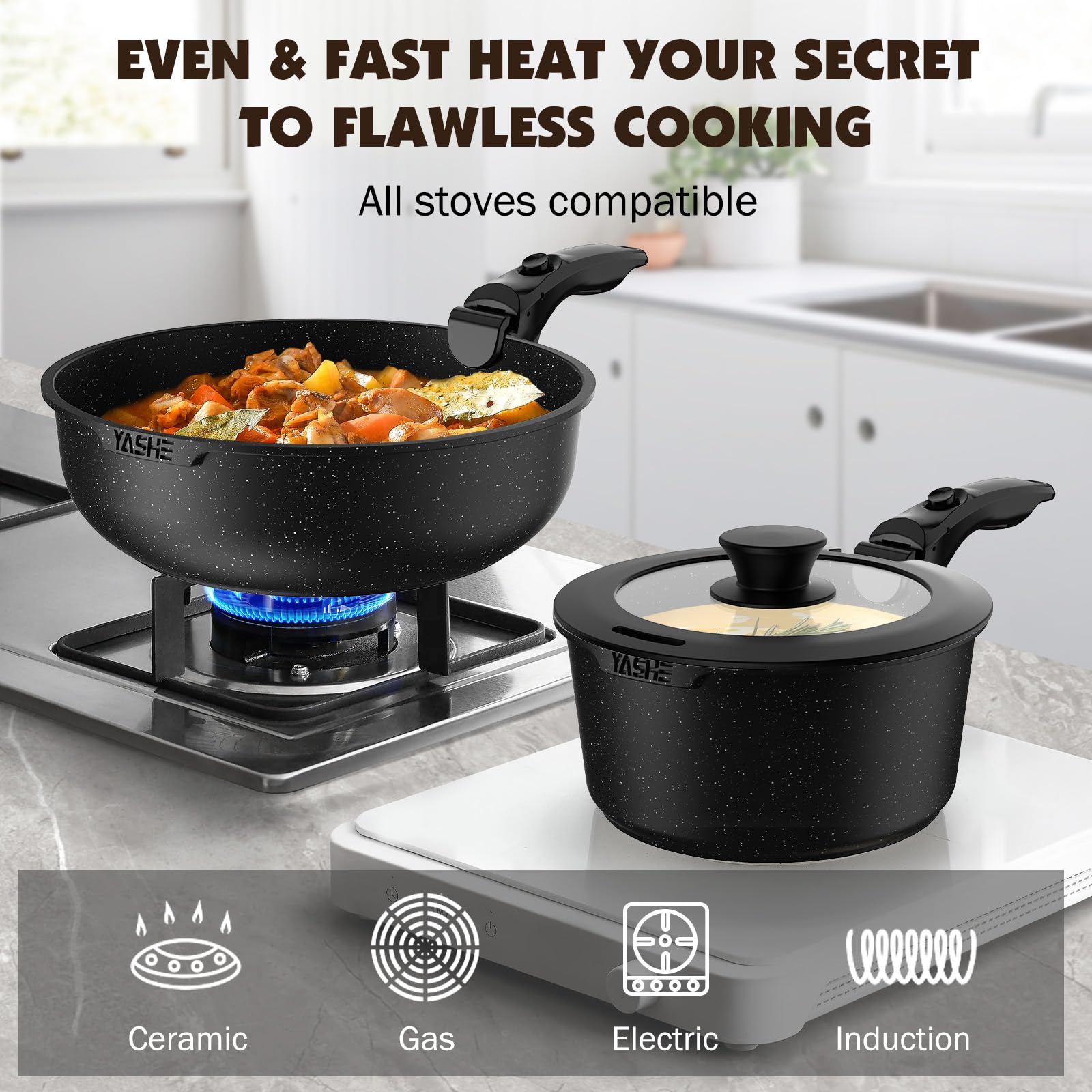 YASHE Batería de Cocina 21 Piezas, Antiadherente, con Mangos Desmontables y Tapas de Vidrio, Compatible con Inducción, Horno y Lavavajillas, Apilable, Gris