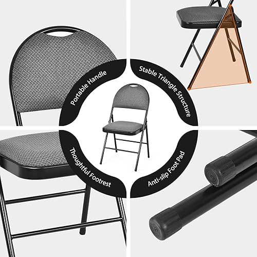 Miniatura 8 de Paquete de 2 sillas plegables, sillas plegables acolchadas con asiento tapizado, agujero para mango, marco de acero, sillas plegables con asientos