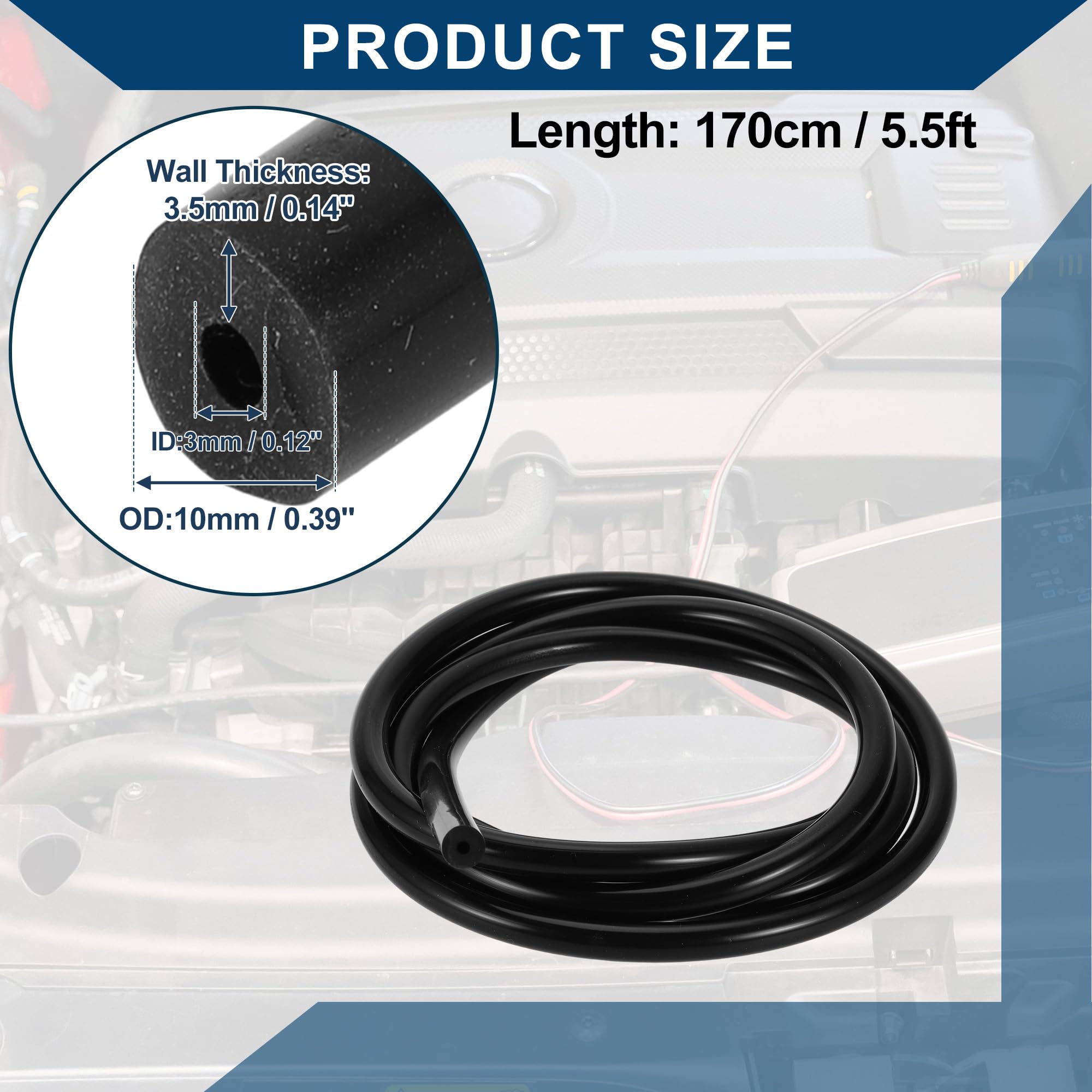 Tubo in Silicone per Aspirazione Tubo per Linea di Aspirazione Automobilistica Ad Alta Temperatura 5.5ft 1/8" 3mm ID 3.5mm Spessore 1 Pezzo Nero