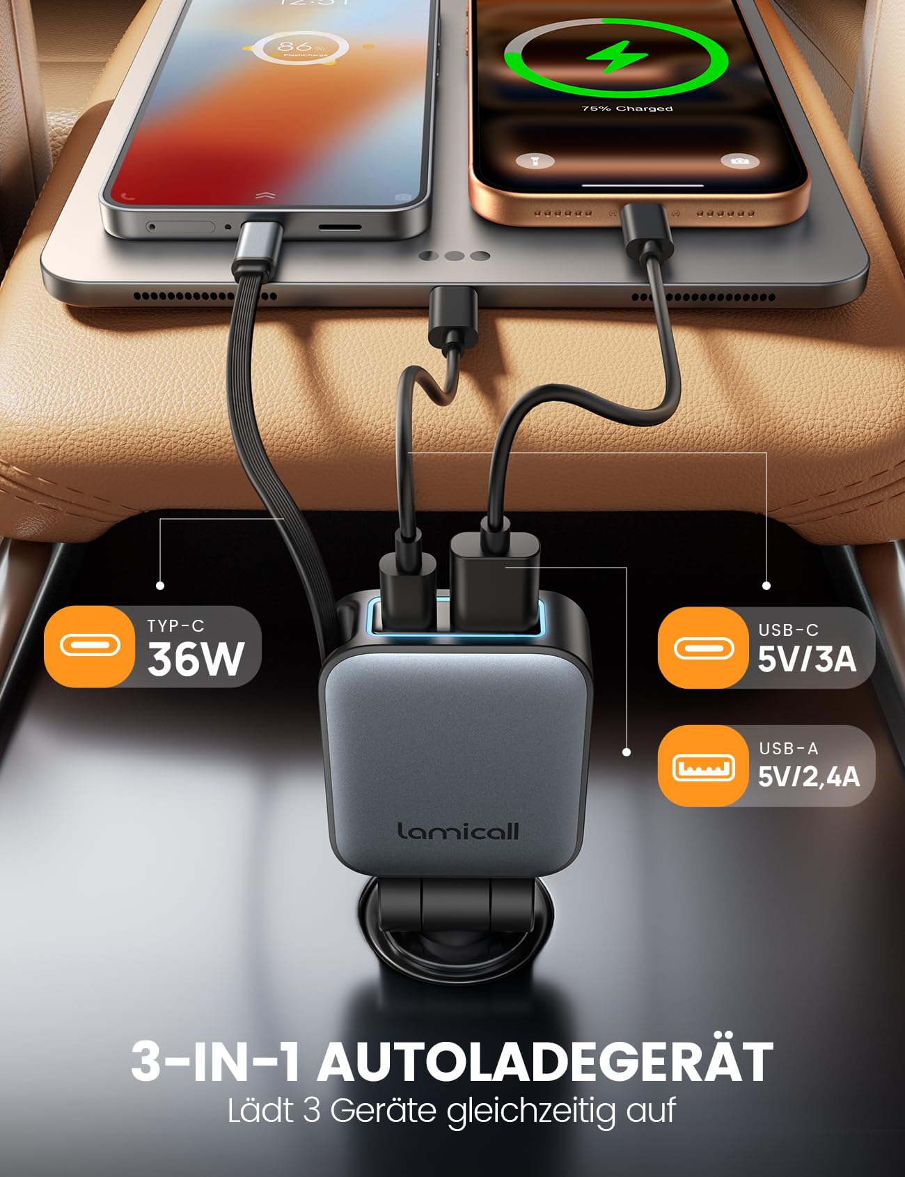 Lamicall 3 IN 1 Zigarettenanzünder USB C Auto Ladegerät - [Ultradünn - Um 75% Kleiner] 63W USB Adapter Auto mit einziehbare Typ-C Kabel/USB C/USB A, 24/12V KFZ Schnellladegerät Auto für iPhone/Samsung