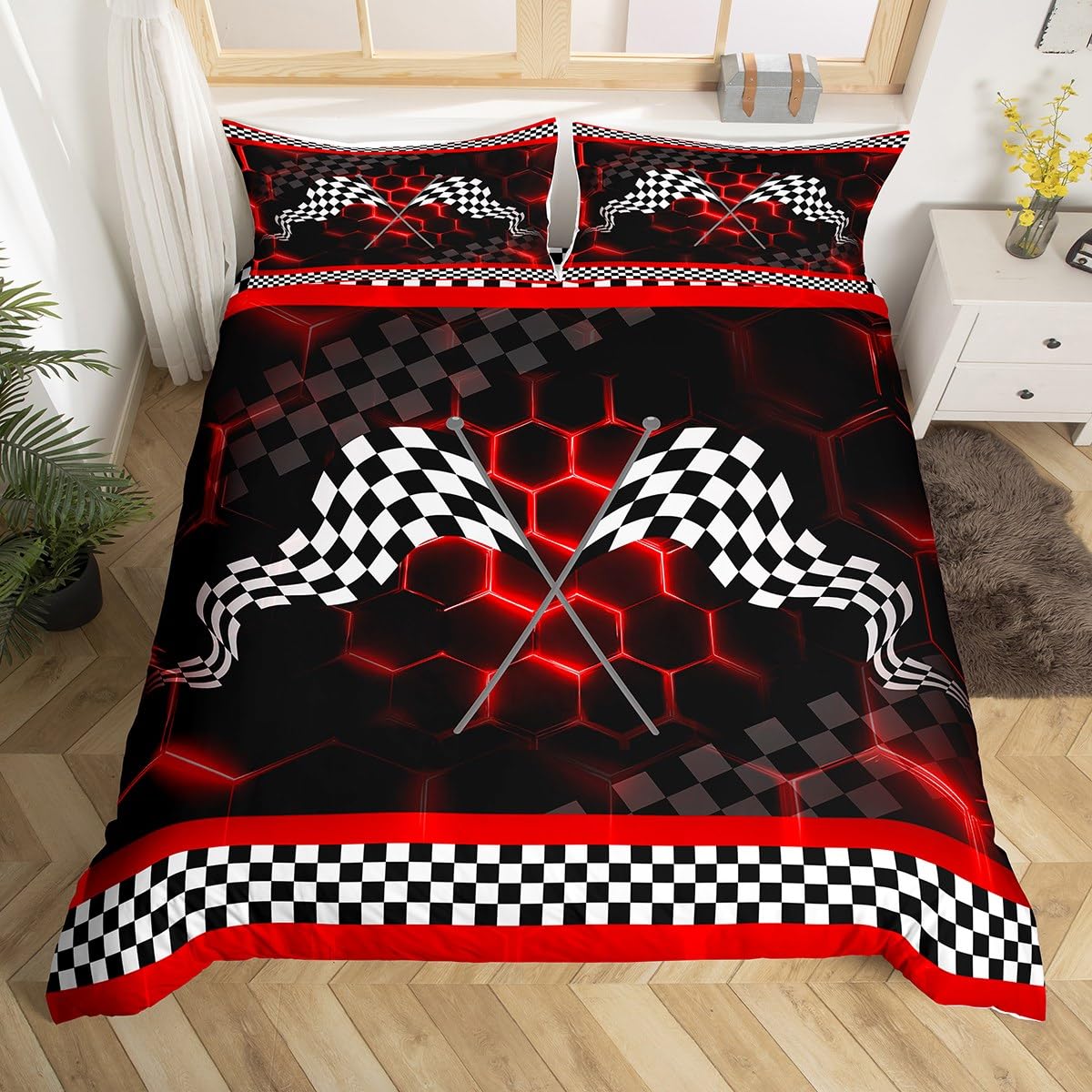 Loussiesd Red Neon Honeycomb Duvet Cover Set King Size For Kids Adults Boys Teens Geometrical Hexagonal Bedding Set Black White Plaid Flag Comforter Cover with 2 Pillowcases โ image 1