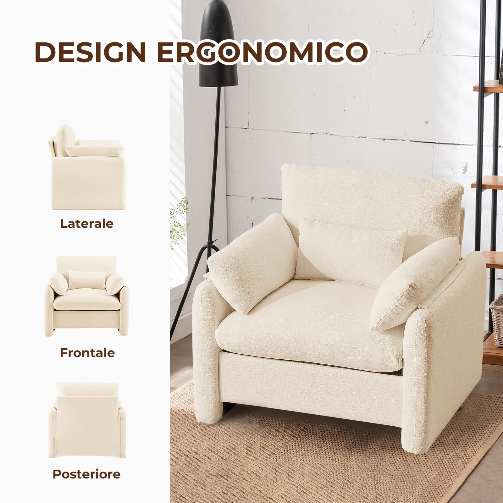 Extra-Grand Poltrona Salotto, 93.5cm Divano Singolo Poltrone Camera da Letto con Braccioli Rimovibili e Cuscino, Poltrona Imbottita Relax per Salotto Soggiorno Camera da Letto, Beige