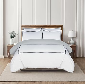 Majestic Giftware Madison Linen 4 Pcs 48" Full Size Duvet Bedding Set (BL57-48F-4pcs) Lyon - Navy/Gray 400 TC 100% Cotton Sateen |1 Fitted Sheet, 1 Duvet, 2 Pillowcases - Noble Collection