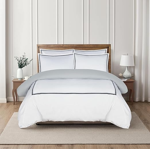 Majestic Giftware Madison Linen 4 Pcs 48" Full Size Duvet Bedding Set (BL57-48F-4pcs) Lyon - Navy/Gray 400 TC 100% Cotton Sateen |1 Fitted Sheet, 1 Duvet, 2 Pillowcases - Noble Collection