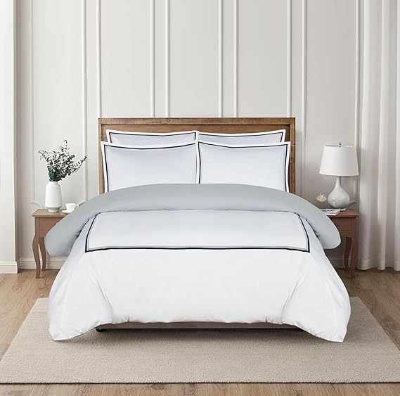 Majestic Giftware Madison Linen 4 Pcs 48" Full Size Duvet Bedding Set (BL57-48F-4pcs) Lyon - Navy/Gray 400 TC 100% Cotton Sateen |1 Fitted Sheet, 1 Duvet, 2 Pillowcases - Noble Collection