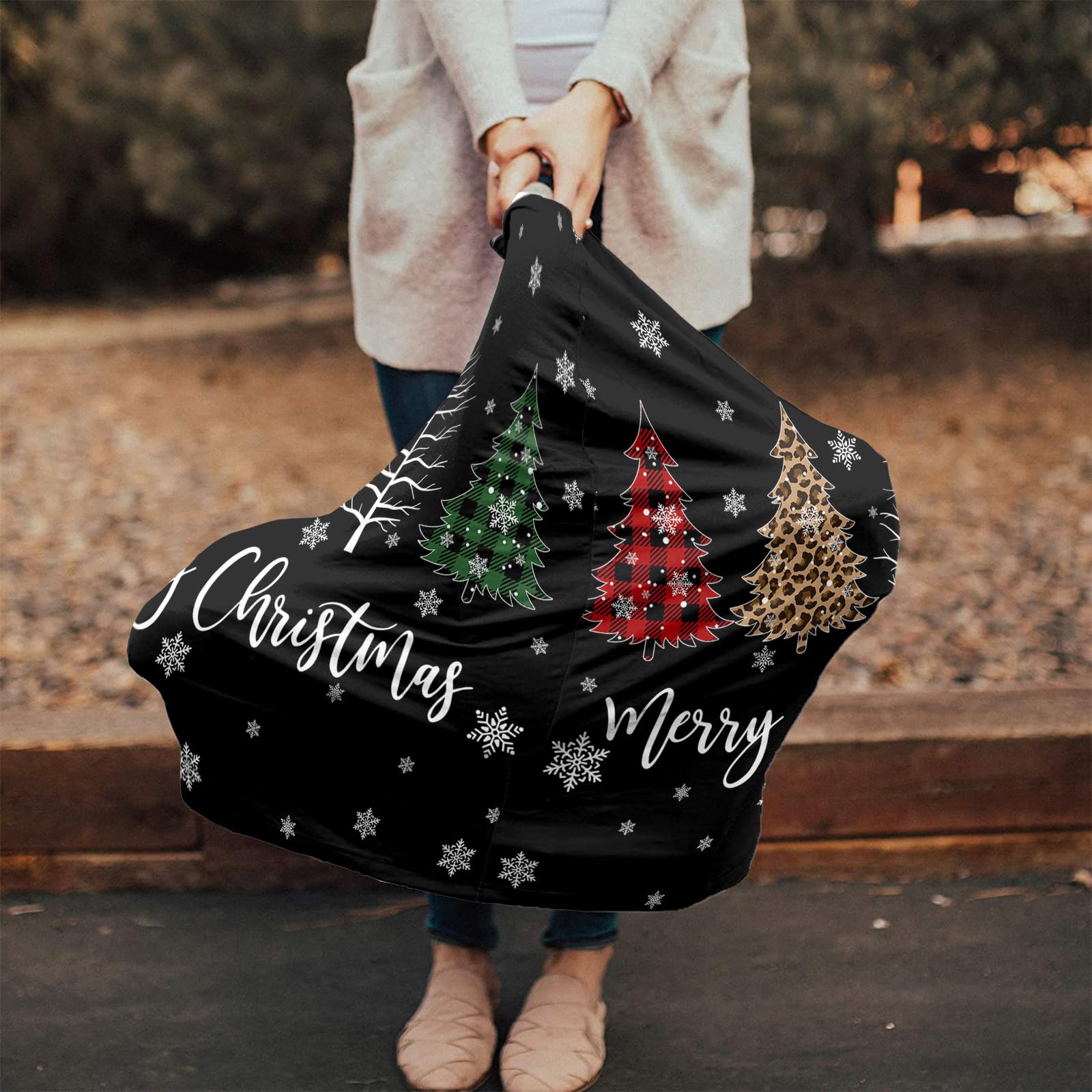 Nursing Cover for Breastfeeding Scarf, Red Plaid Xmas Tree Branch Snowflake Christmas Black Baby Car Covers Super Soft Multi Use for Canopy Shopping Cart Cover Blanket Stroller Cover