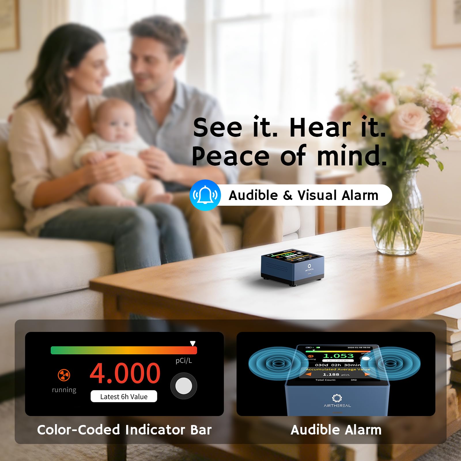 Airthereal Rilevatore di Radon per Casa, touchscreen da 3,4”, aggiornamenti ogni 10 minuti, allarmi acustici e visivi, design portatile e ricaricabile, monitoraggio a lungo termine, blu