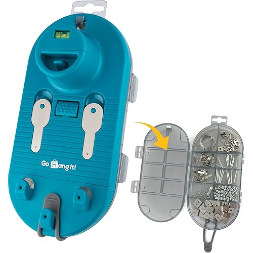 Go Hang It! Pro, All-in-One Picture Hanging Kit - Picture Leveling and Hanging Tool - Hang Sawtooth/Wire Hangers - Wall Hanging Kit and Level Tool - Hardware Case with 85-Piece Hanging Essentials