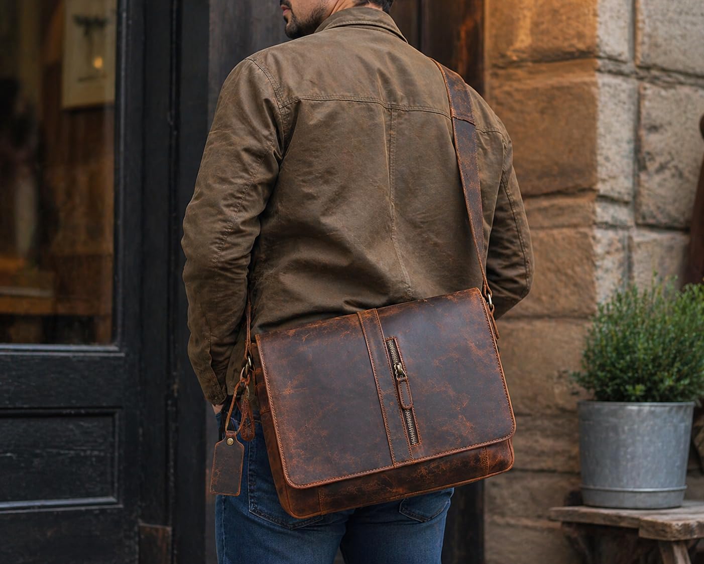 american blue Bolso bandolera de cuero genuino para hombre, bolso de mensajero, bolso de negocios, pequeño bolsillo lateral, bolso cruzado