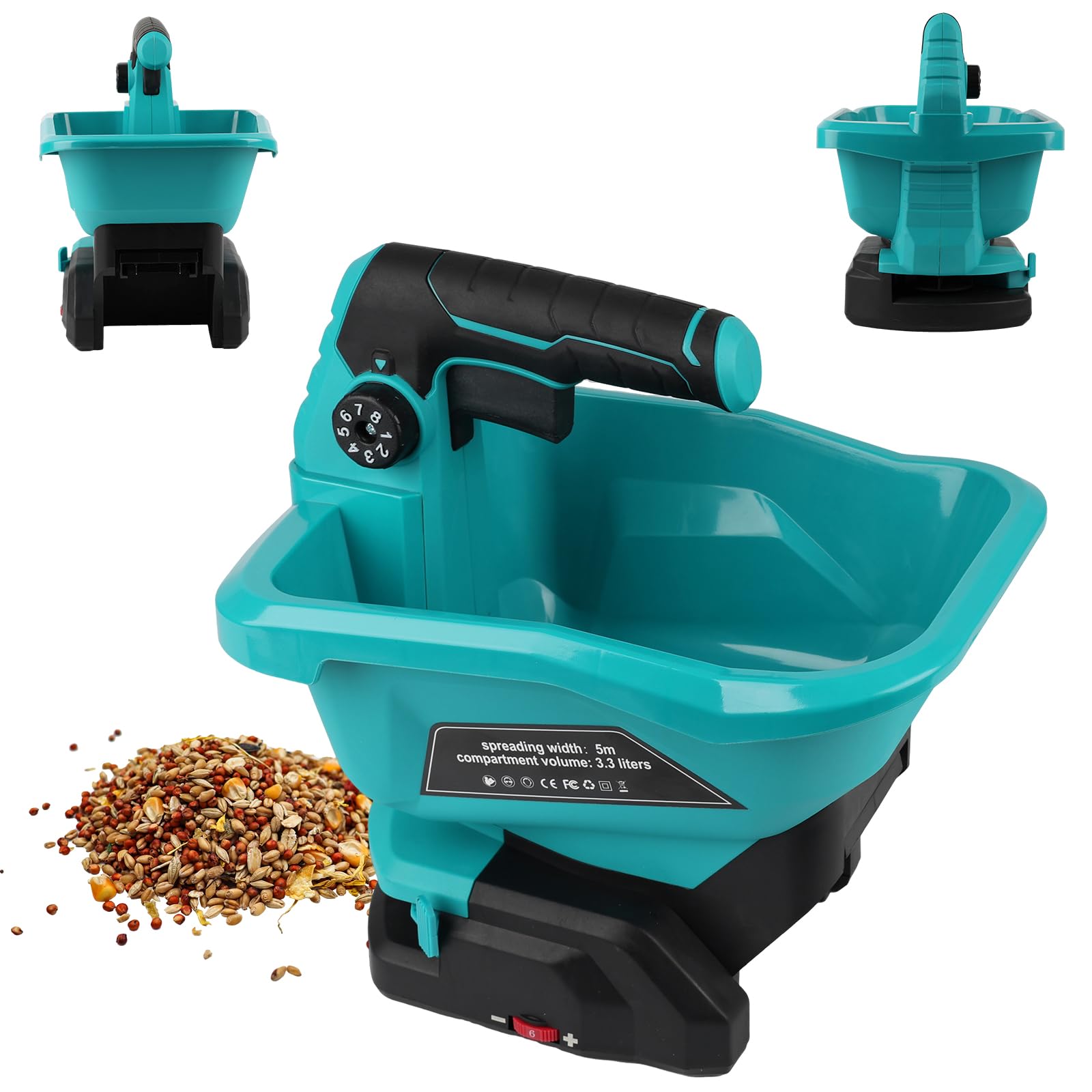 Bezprzewodowy rozrzutnik nasion for Makita 18V, elektryczny rozsiewacz ręczny 3,3L z 8 regulowanymi szerokościami rozproszenia i 6 poziomami przepływu, do nasion, nawozów i środków przeciw chwastom