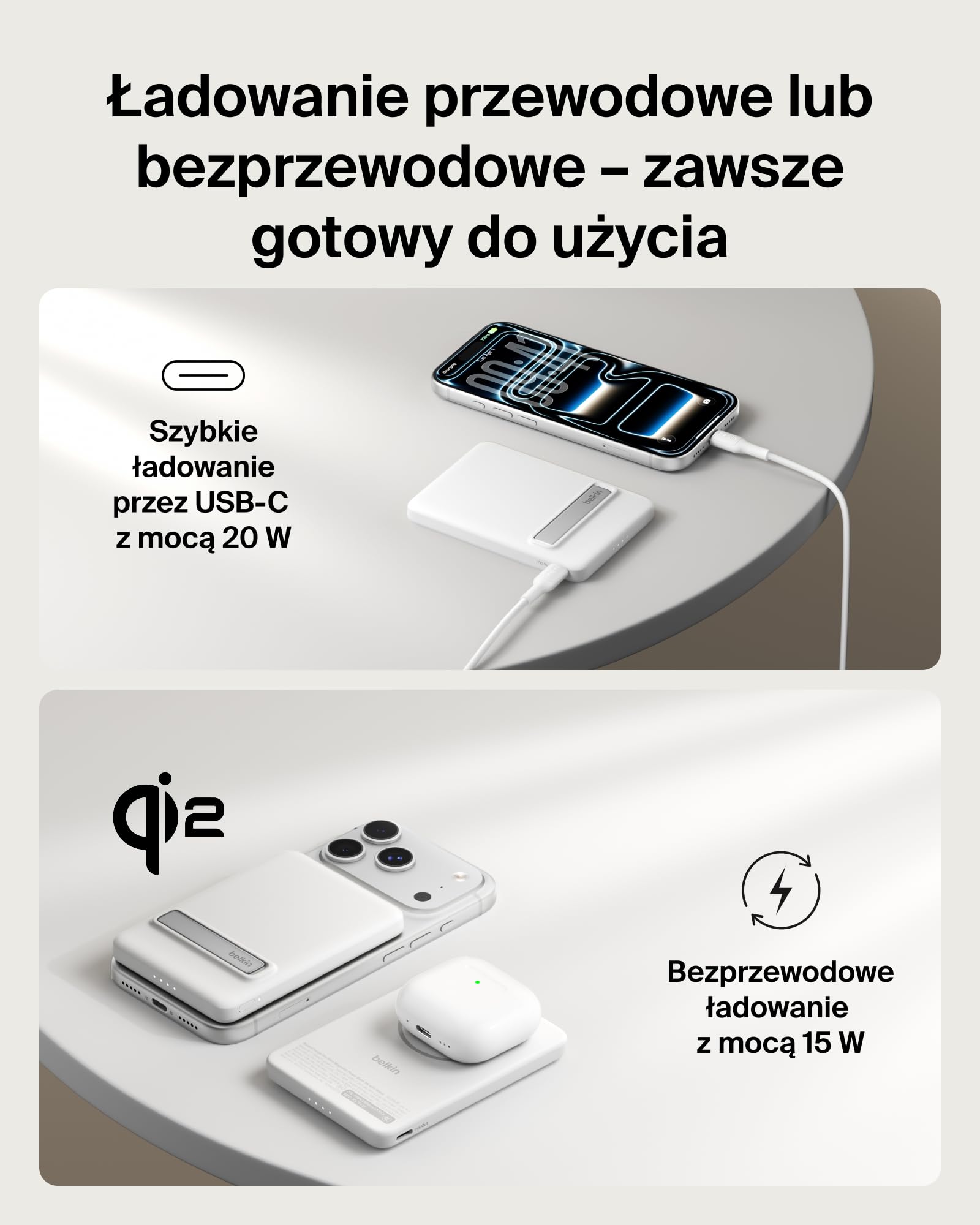 Belkin BoostCharge Cienki Magnetyczny Powerbank 5000 mAh, Podpórka – Biały | Powerbank Bezprzewodowy 5000 mAh Qi2, Pierścień Magnetyczny, Port USB-C, Naładowany, Kabel w Zestawie, do Podróży Samolotem