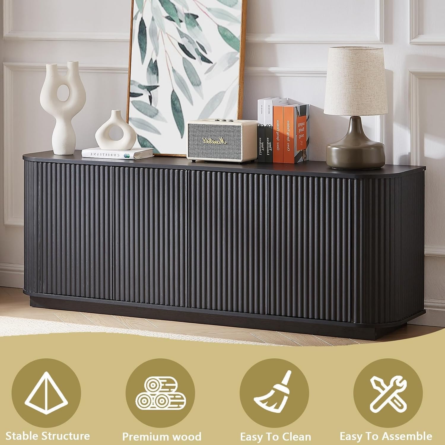 64'' Sideboard Buffet Cabinet, Wood Entertainment Center Modern TV Stand, Media Console with 4 Cabinets for Storage, Television Stands Coffee Bar for Living Room, Dining Room, Entryway