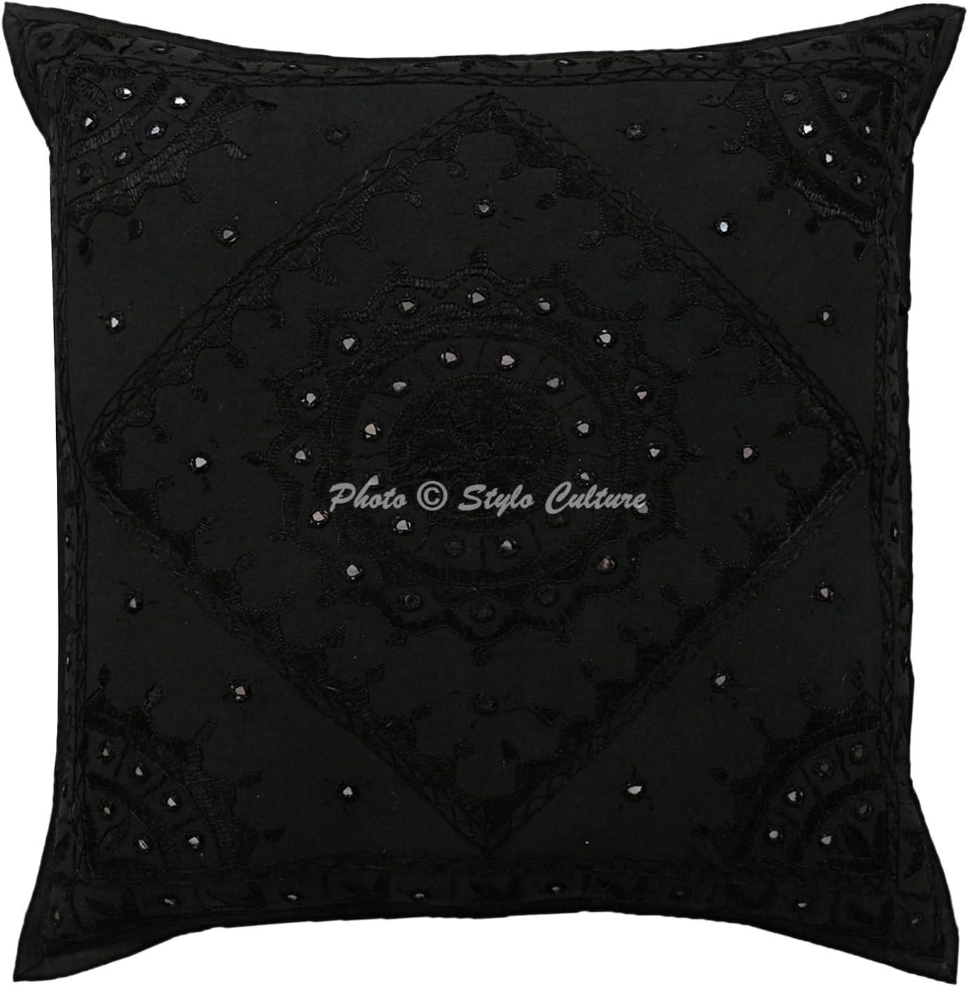 Indian Decorative Sofa Couch Toss Throw Pillow Cases 60x60 cm Cotton Bedroom Black Mirrored Embroidered Square Luxury Envelope Ethnic 24x24 Inch Cushion Covers - 2 Pcs