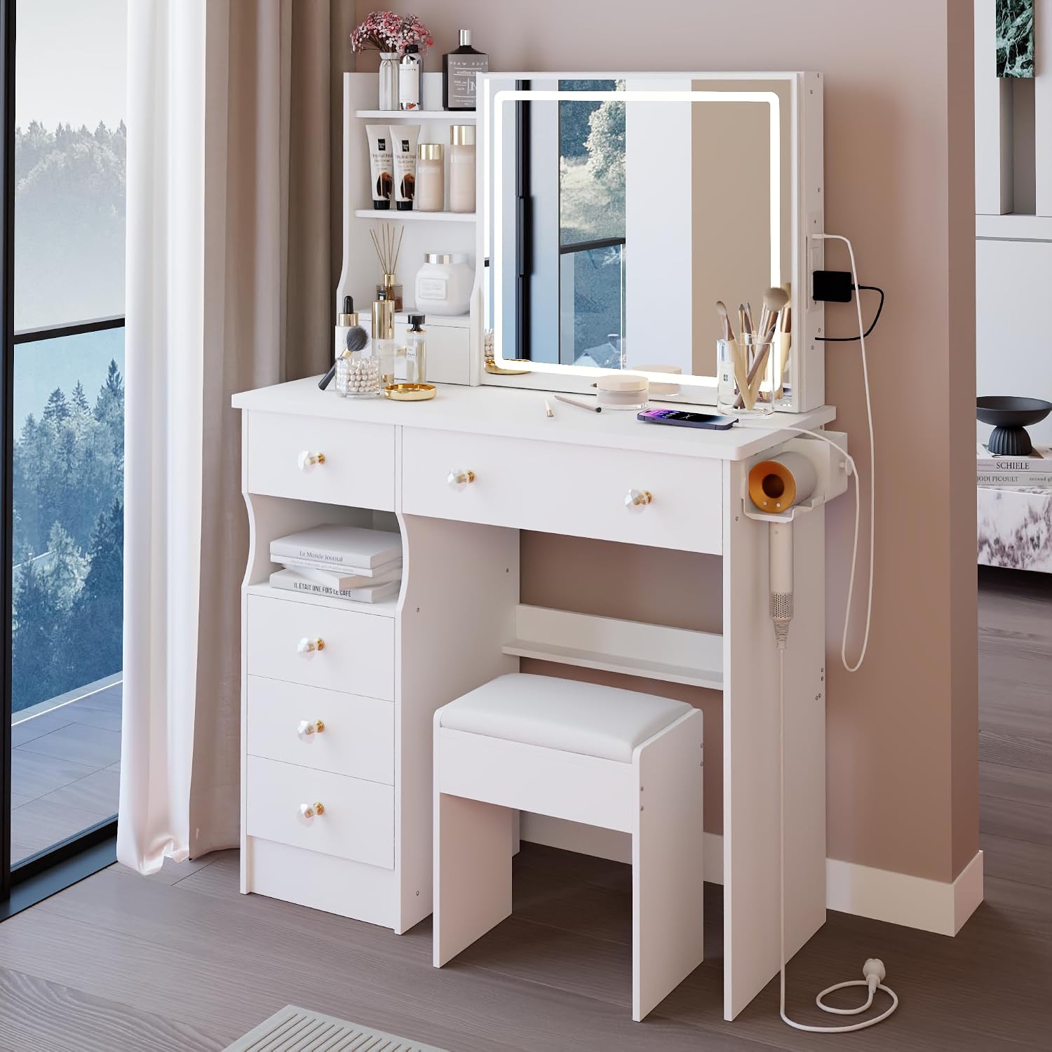 37" Touch Control Led Mirror Practical Makeup Table, Dressing Table with Charging Station, Small Vanity Desk with Hair Dryer Stand and Cushioned Stool for Daily Beauty Grooming, White