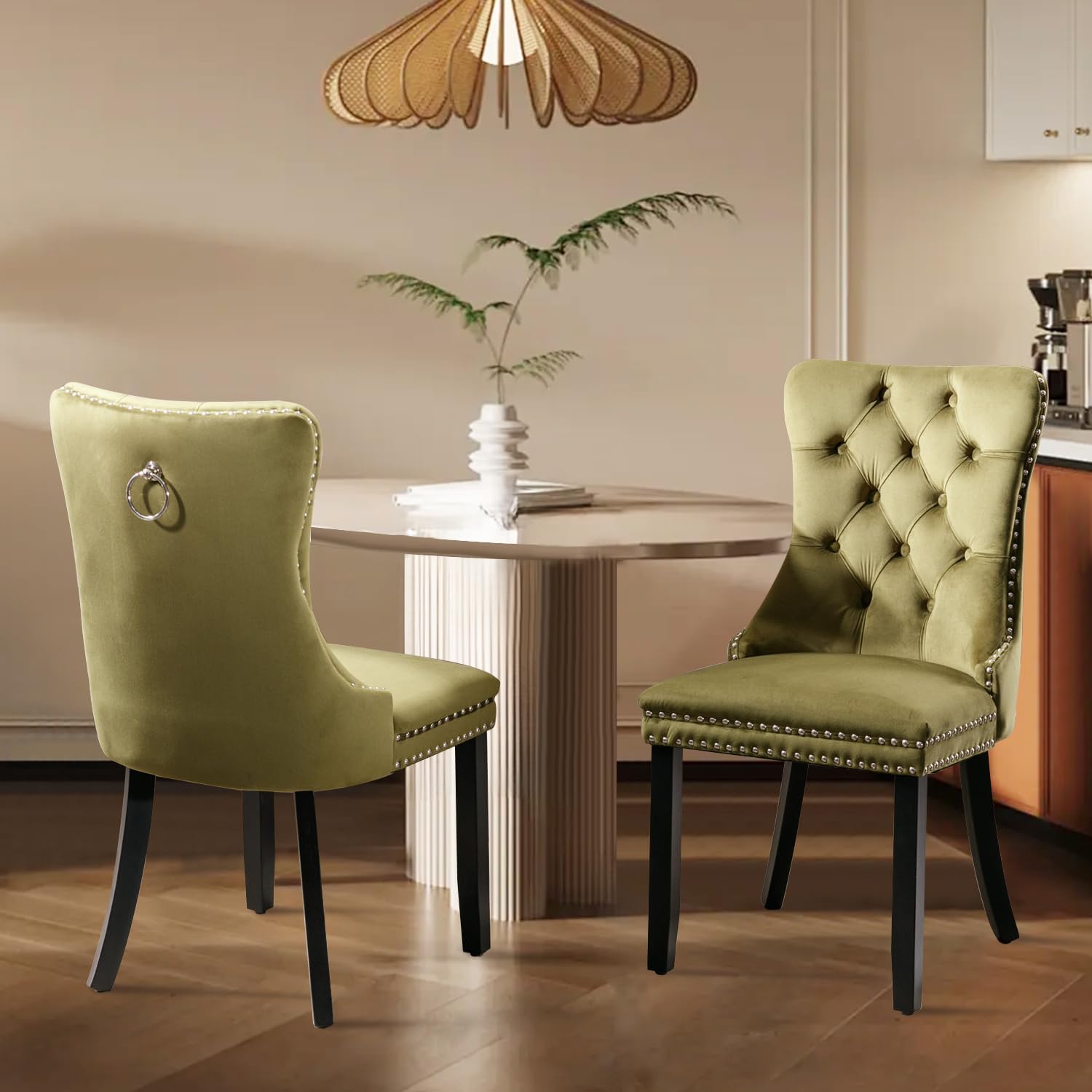 Velvet Upholstered Dining Chairs Set of 2, Modern Style Kitchen Side Chairs with Nailhead Trim and Wood Legs,Metal Pulling Ring for Dining Room Living Room(Olive Green,Set of 2)