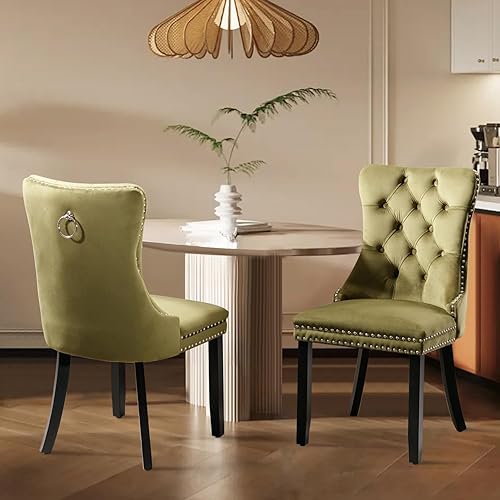 Miniatura 3 de Juego de 2 sillas de comedor tapizadas de terciopelo, sillas laterales de cocina de estilo moderno con ribete de cabeza de clavo y patas de madera,