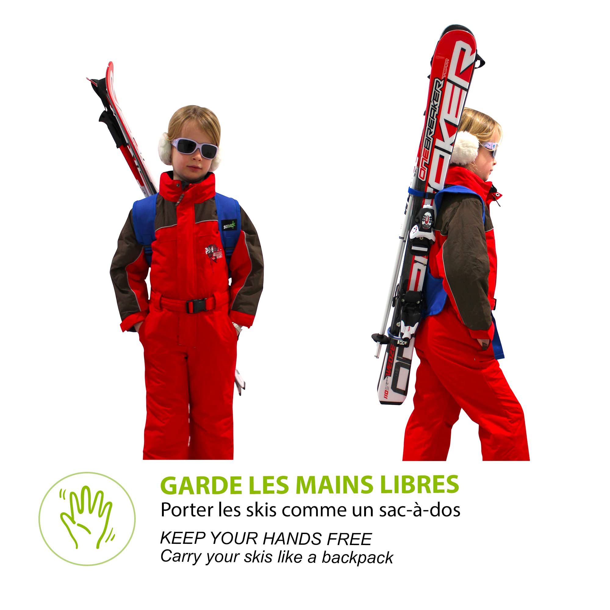Wantalis - Skiback Kid - Un Produit révolutionnaire pour Porter Vos Skis en libérant Vos Mains - Bretelles adaptables et réglables - Taille Enfant 1m30 Maxi