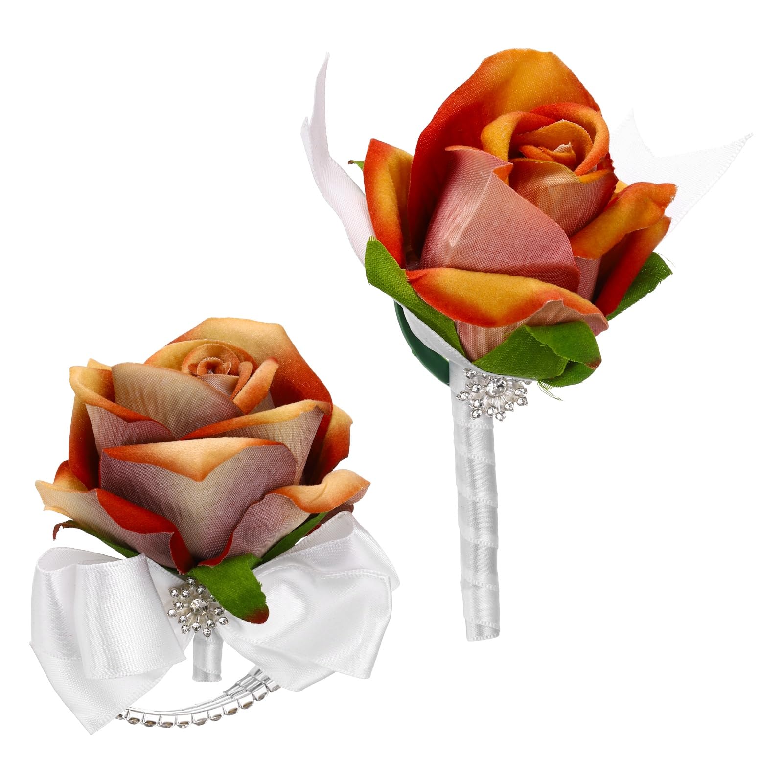 sourcing map 2Pcs Rose Wrist Corsage Boutonnieres Set, Artificial Wrist Corsages Men Boutonnieres with White Satin Ribbon Rhinestone Decor for Prom Wedding Party, Autumn Orange