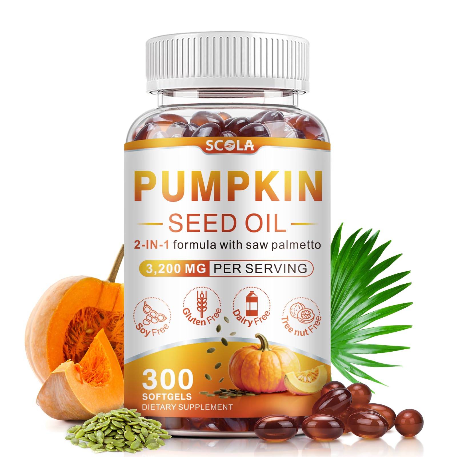 SCOLA Pumpkin Seed Oil with Saw Palmetto,3200mg/Serving,300 Softgels 300 Count (Pack of 1)