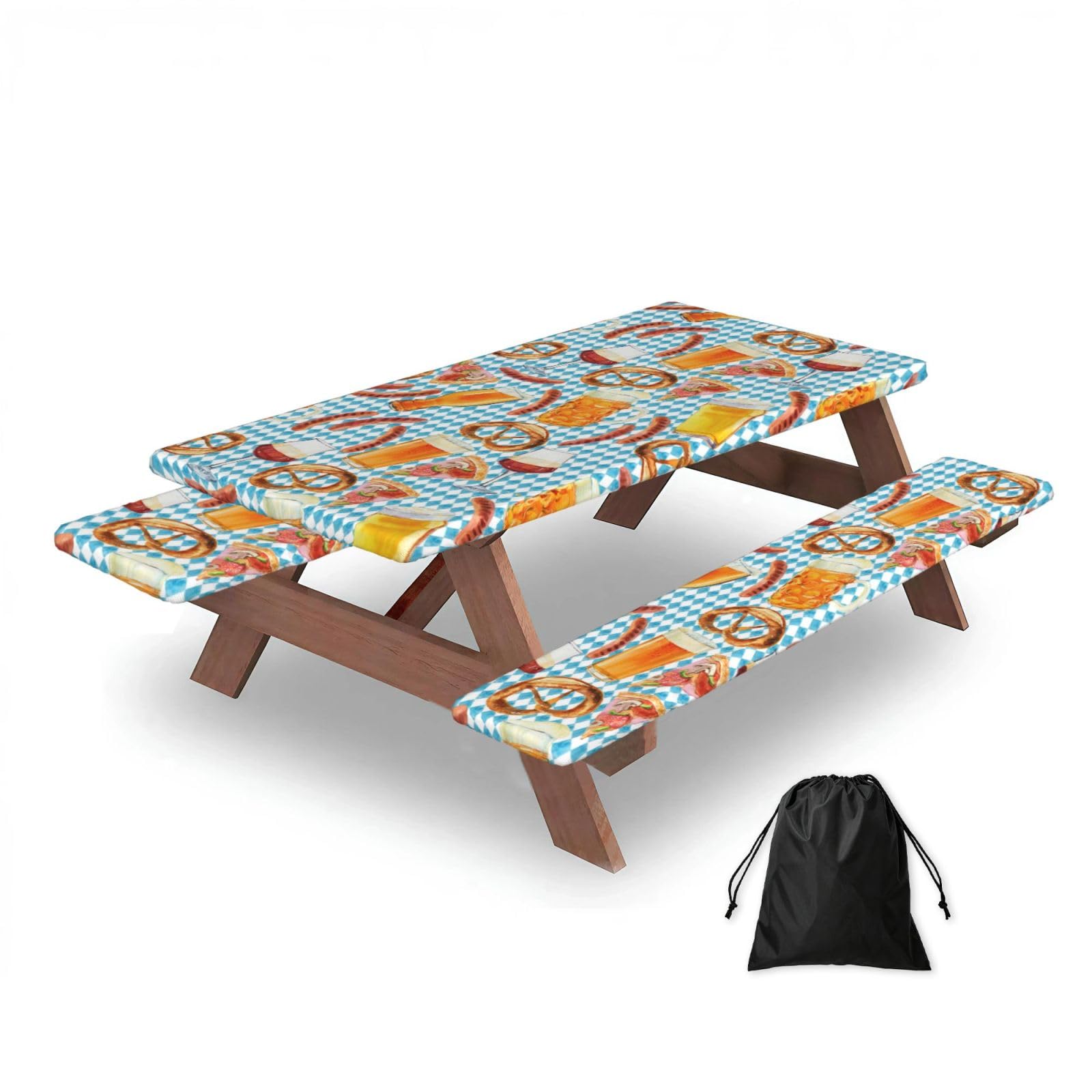 Dopklna As Picture Sausage Bread Pizza Pattern, Picnic Table Cover With Bench Covers -Waterproof Elastic Fitted Tablecloth For Garden Camping Patio 76X152cm