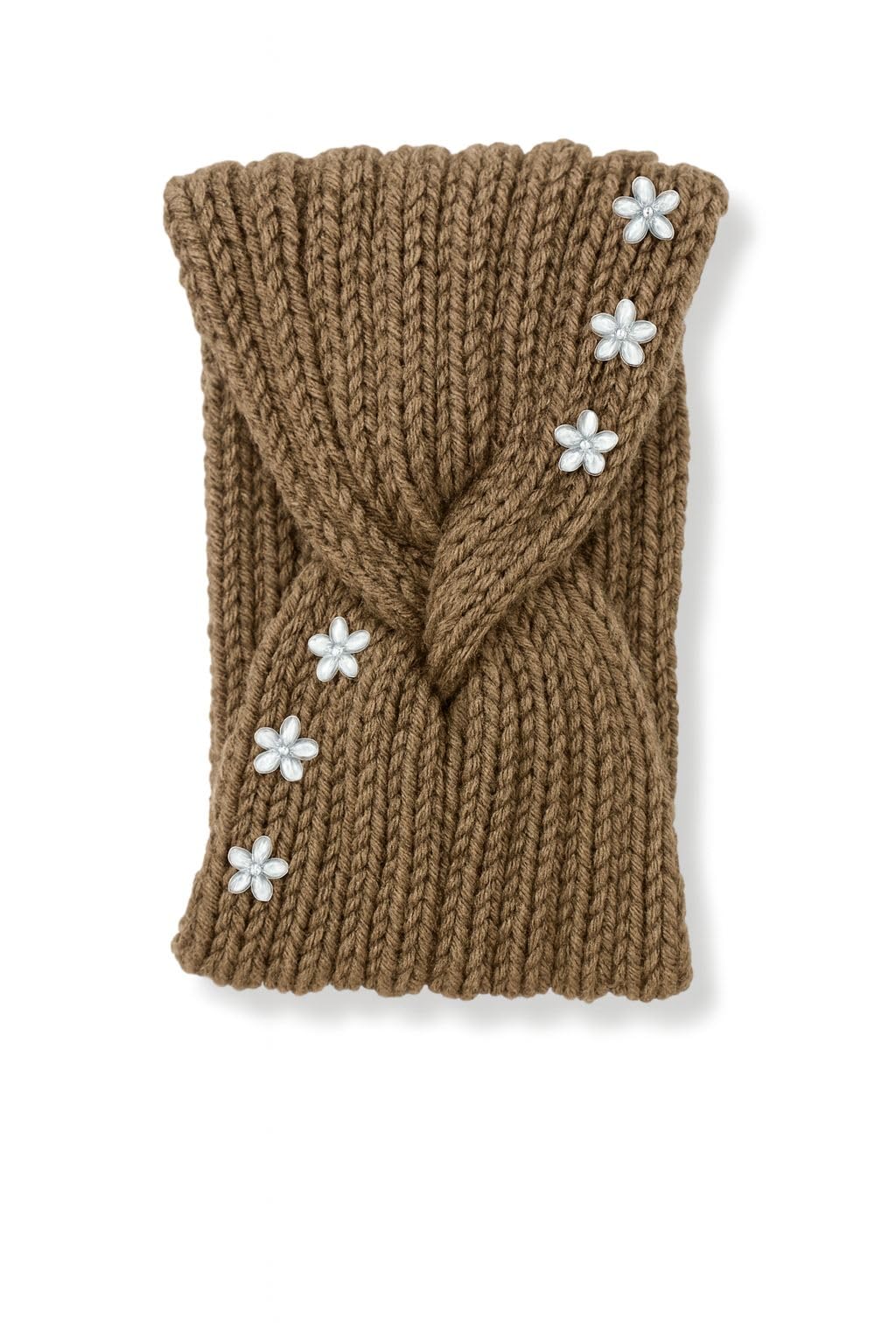 Hand-Knitted Twist Headband | Soft Warm Knit Ear Warmer with Delicate Pearl Flower Embellishments | Stylish & Cozy Winter Accessory-image-48